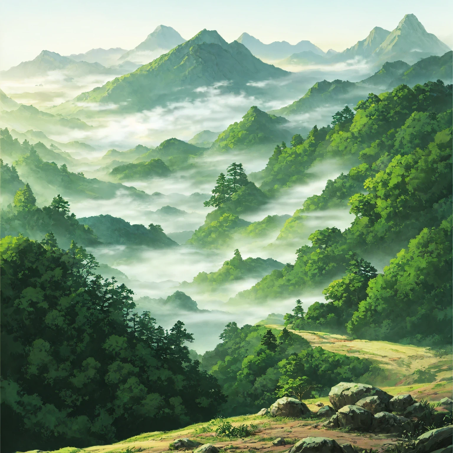 there is a bowl of food that is on a table,The background is a mountain, avatar scenery, mountain background, anime scenery, Made of trees and fantasy valley, fog mountains, background art, foggy background, anime nature wallpap, Rainforest Mountain, anime nature, beautiful mountain background, illustration matte painting, foggy environment, detailed figures, landscape artwork