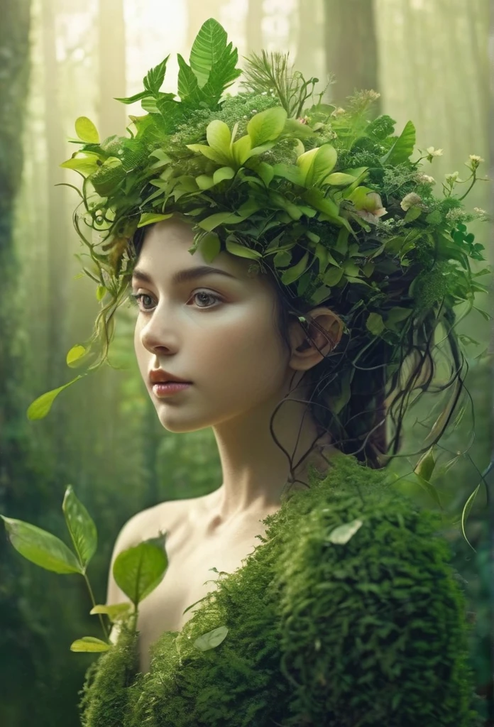 invent a creature, connecting the girl with different plants and flowers, leaves and branches of plants form the body of a girl, the girl's body consists entirely of plants, branches with leaves and flowers grow from the girl's head, Beautiful flowers grow on the girl’s body from intertwining plants., plant girl in a mossy forest, Plant girl growing in a mossy meadow, cute face, Detailed girl face, high detail, full pose, full - body, magic world, Fairy-tale world, surrealism, foto realista, Cinematic Photo