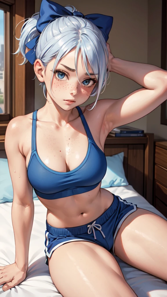 A shy face, 16 years old, realistic, (she is wearing a blue sports bra and shorts), sitting on top of a bed, face turned to the left side, short platinum hair messy, hair tied with red bows, detailed face, with freckles, masterpiece,
