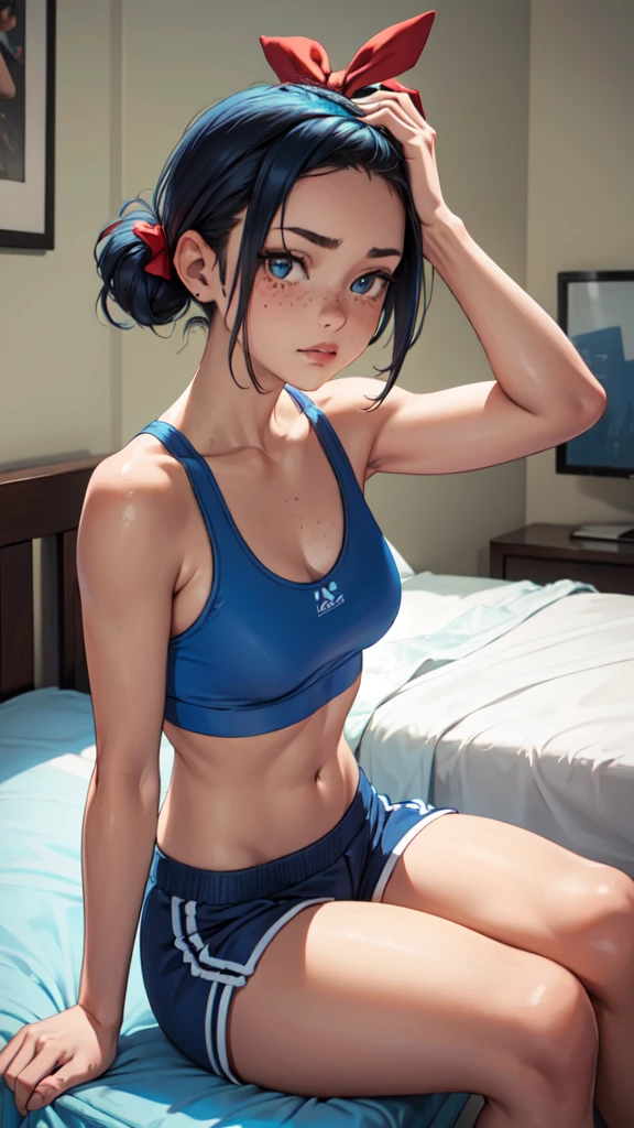 A shy face, , realistic, (she is wearing a blue sports bra and shorts), sitting on top of a bed, face turned to the left side, short platinum hair messy, hair tied with red bows, detailed face, with freckles, masterpiece,