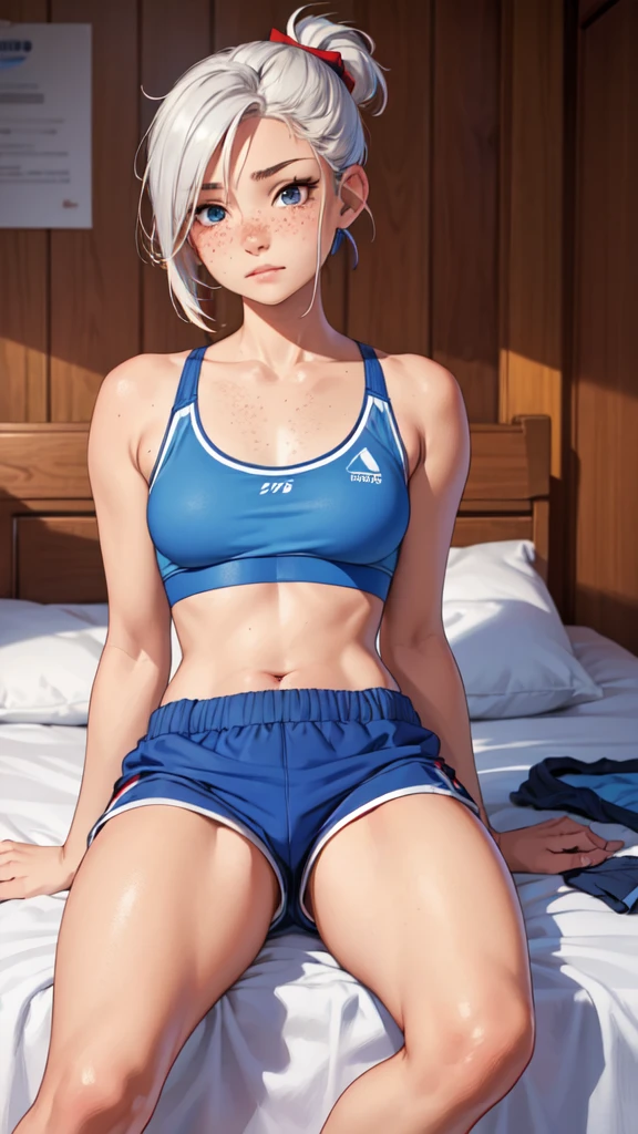 A shy face, , realistic, (she is wearing a blue sports bra and shorts), sitting on top of a bed, face turned to the left side, short platinum hair messy, hair tied with red bows, detailed face, with freckles, masterpiece,
