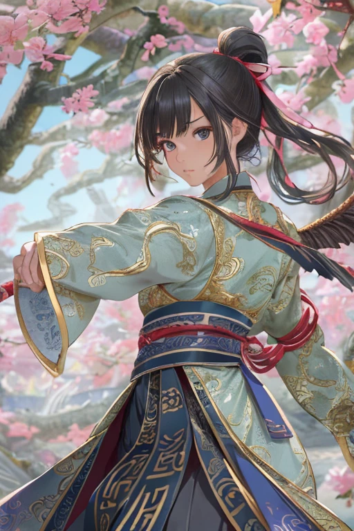 2D, ultra-hd 8k,extreme quality, extremely detailed, high quality, masterpiece, detailed portrait, (full body:1.5),artwork, Best quality, 8k, Photorealistic, fighting position,wing chun fighting style, perspective 5.0, 1girl dresses as if moving The Flying Swords of Dragon Gate,linen_clothes,perfect anatomy, beautiful appearance, Detailed hair tied back, detailed fingers, detailed hair, hyper-detailed face, view from a distance, perfect eyes, detailed eyes, Anime Art, Vector, young woman, ((practicing wing chun)) ((kung-fu)), in a round clearing, surrounded by beautiful flowering trees,black hair, ponytail, long hair, hair ribbon, serious, drop shadow, tachi-e, wide shot, from outside, rotated, motion lines, speed lines, 8k, best quality, high quality, masterpiece, anatomically correct, textured skin, super detail, high details