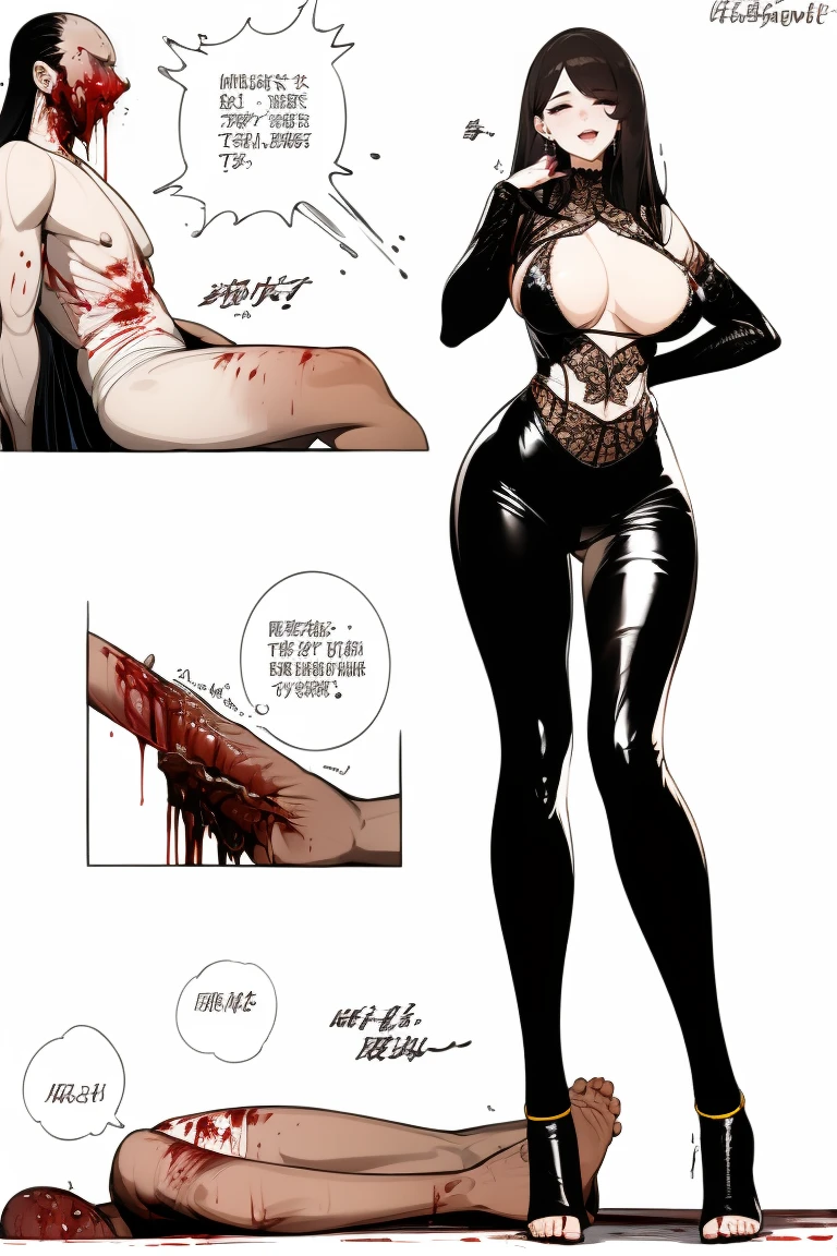 comic storyboard,anatomically correct,1beautiful girl, long hair,smile,barefoot,lace top,sexy, shiny leggings, thin gap,camel toe,high heels,cleavage,crossed legs,large breasts,leg tattoo,long hair,smile,toenails,) standing,trample,cuts,defloration,indoor,couple,femdom,hetero,saliva , mucus,femdom,blood on clothes,blood on hands,blood splatter,open mouth,kneeling man,sit,trembling man,dead man,sit,bruise man,lying man,man cum,bleeding man,(masterpiece, best quality:1.2)