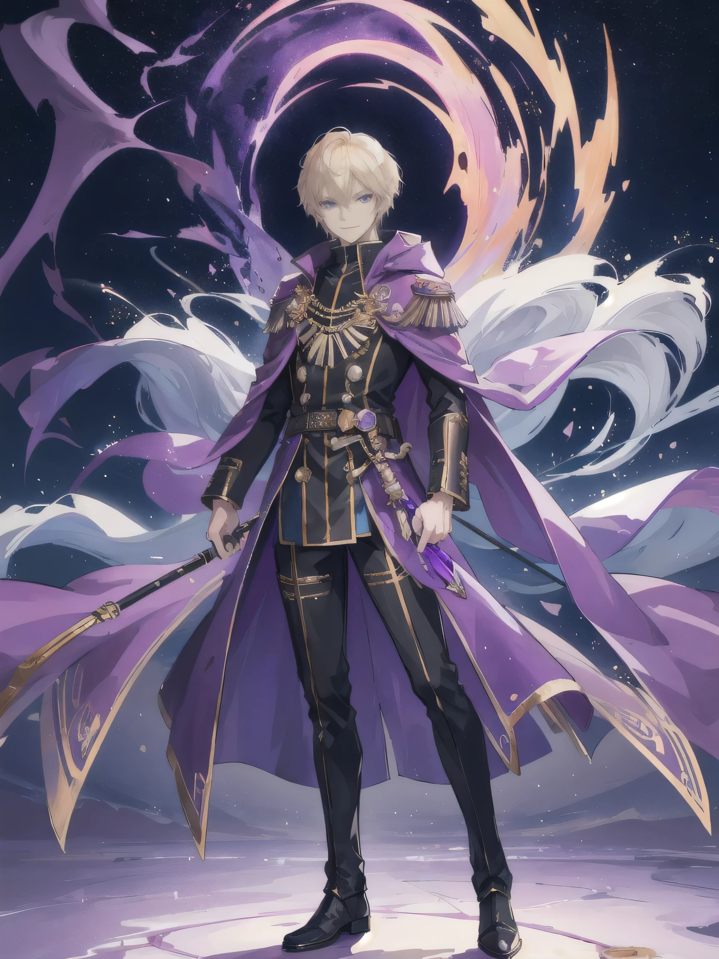 anime - style, (masterpiece:1.2, best quality:1.1), HD, best illustration, intricate details, 8K, anime - style, Masterpiece, best quality, wallpaper, standing on the bridge of a spaceship, 1_man, handsome, full body, looking away at camera, smirk, blonde hair, short hair length, blue eyes, officers coat, black gloves, lightning, energy, glowing eyes, purple robes, gold trim, Warhammer 40k, Detailed Face, Detailed Eyes, Space Wizard, Robes, Long Robes, Older Male, Man, 1man, dude, Full Body, Full Body, Boots,