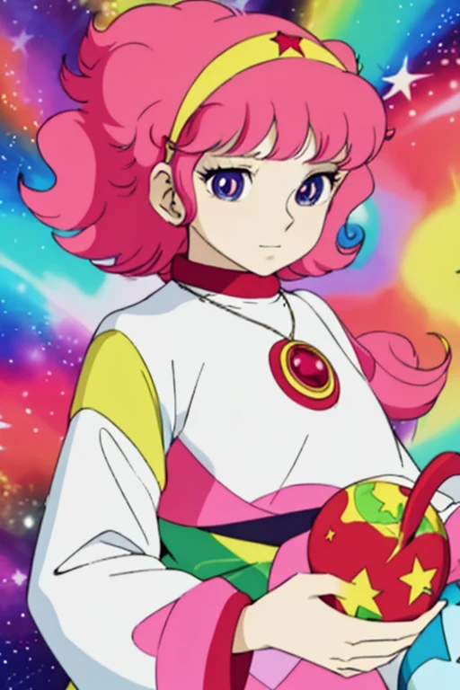 Close-up of a woman with colorful hair and necklace, anime girl with space hair, The soft vibrancy of Ross Rose, Gouviz style artwork, fantasy art style, colorful], vivid fantasy style, An energetic Ross cartoon, cosmic and colorful, Gweiz, colorful digital fantasy art, great art style, beautiful anime style, white skin, night coat,
