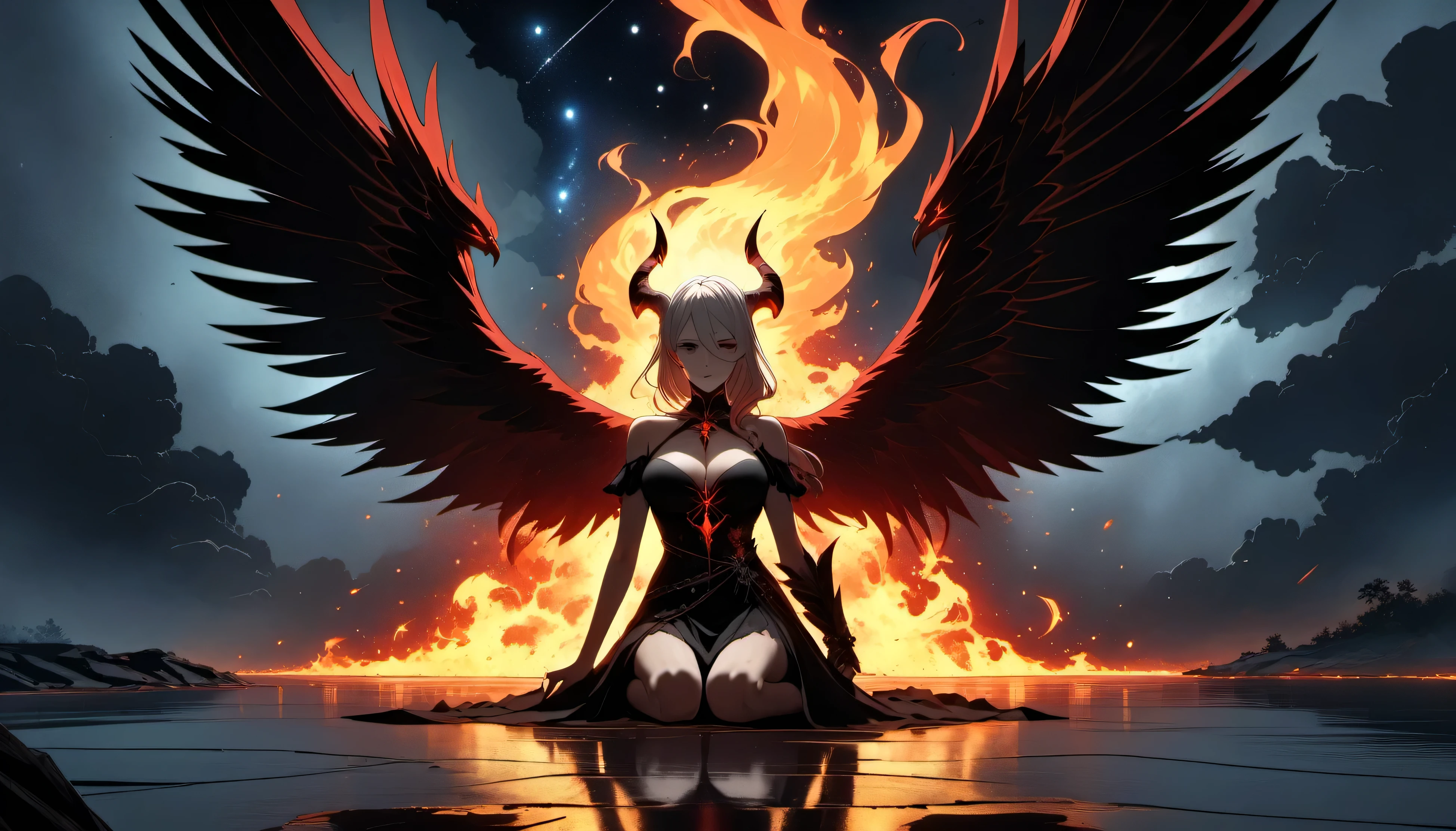 detailed background, superb, multicolored, 1girl, (oni horns:1.1), obi, fiery wings, (demon tail:1.1), absurdly long hair, darkness, vibrant colors, dark background, beautiful 8k wallpaper, sitting, BREAK firecd, fire, flame, burning <lora:firecd-000028:0.8>