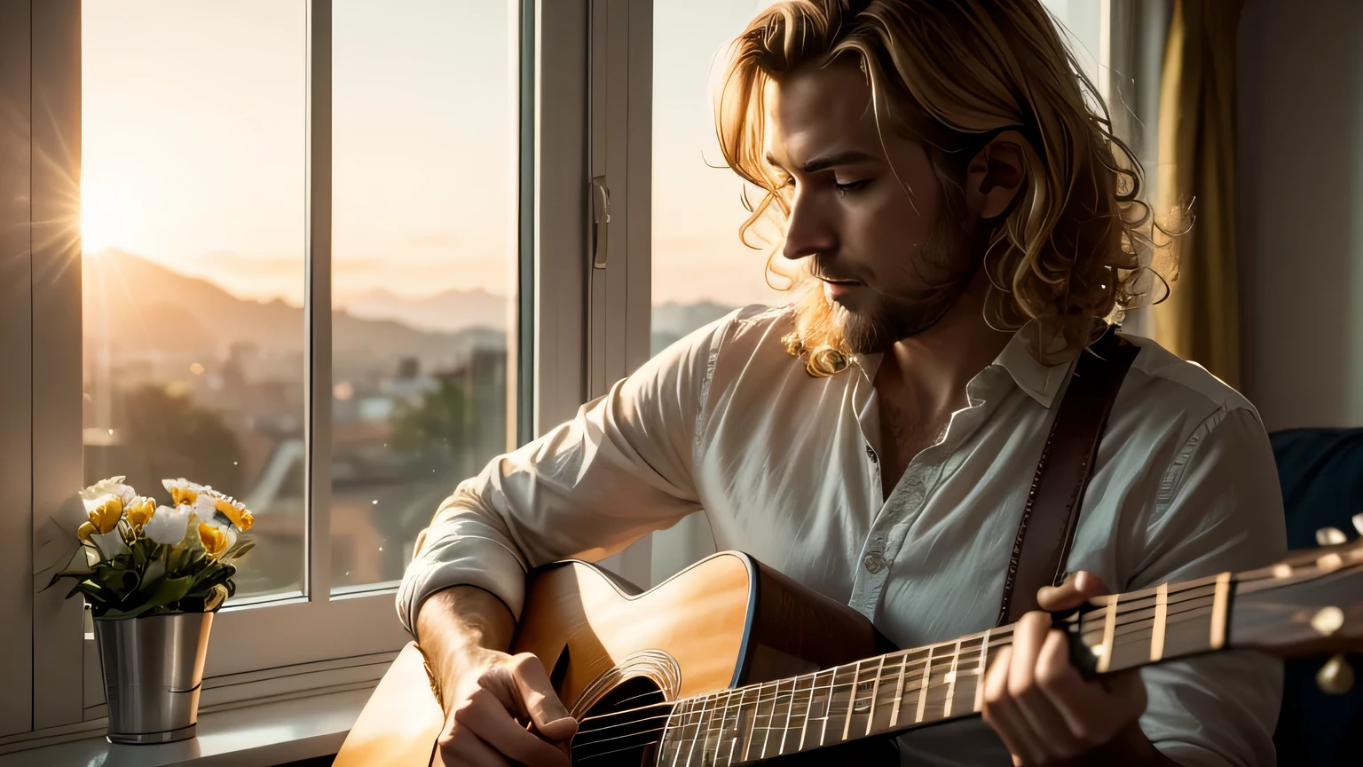 ((best quality)), ((masterpiece)),(detail), perfect face, photo of a romantic guy playing guitar by the window with his wife sitting next to him, blonde romantic guy, blonde and curly haired wife, 70s style clothes, vintage style colors, golden sunlight, romantic scene, blurred background, sunset on the hills in the background, some flowers in the garden blooming, focus on couple, high detail, sharp focus, cinematic lighting, perfect lighting, photorealistic, 8k, ultra high resolution, sharp faces