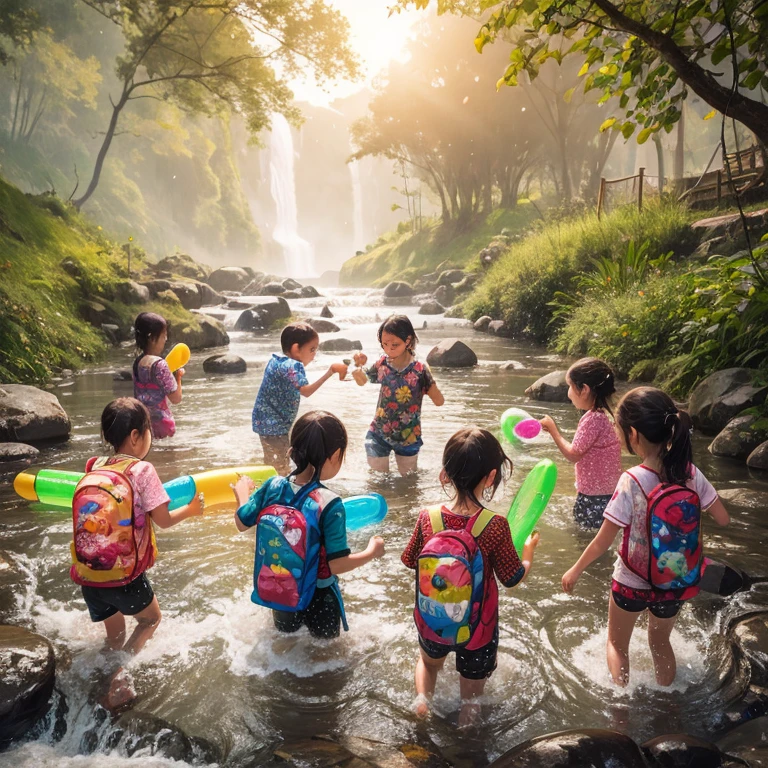 A bright rainbow appears in the sky after the rain, with vibrant colors arching across a blue sky. A young girl named Sarah, with wide eyes full of wonder, looks up at the rainbow in amazement. are playing in a stream with inflatable toys, stream of love and happiness, ๆ กำลังเล่น, playing with water, Playing in the waterfall, , By Rudy Sisvanto, Summer Morning, summer afternoon, beautiful artwork, Unsplash Contest Winning Photos, Award-winning shots, Prize - Winning Shot, Award-winning image of rain, beautiful, Across the river, Summer Morning light