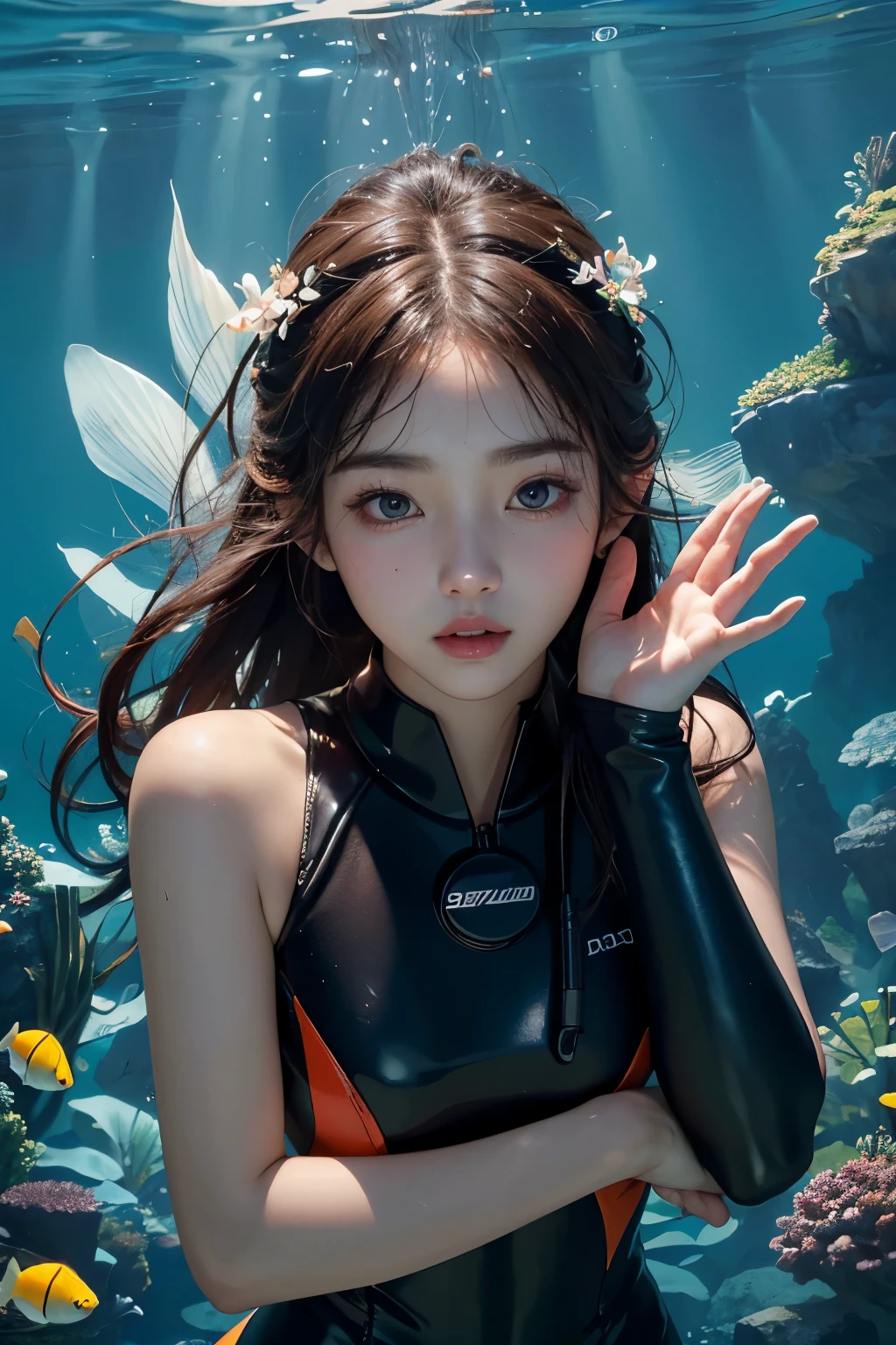 masterpiece, best quality, 8 thousand, 24 years old, photo beast, absurd, award-winning portraits, pure, korean beauty, spring, School of tropical fish in the sea, laces, cute, right, healthy, Beloved, perfect hands, snorkel,wearing snorkel, underwater,diving suit, Wet hair,