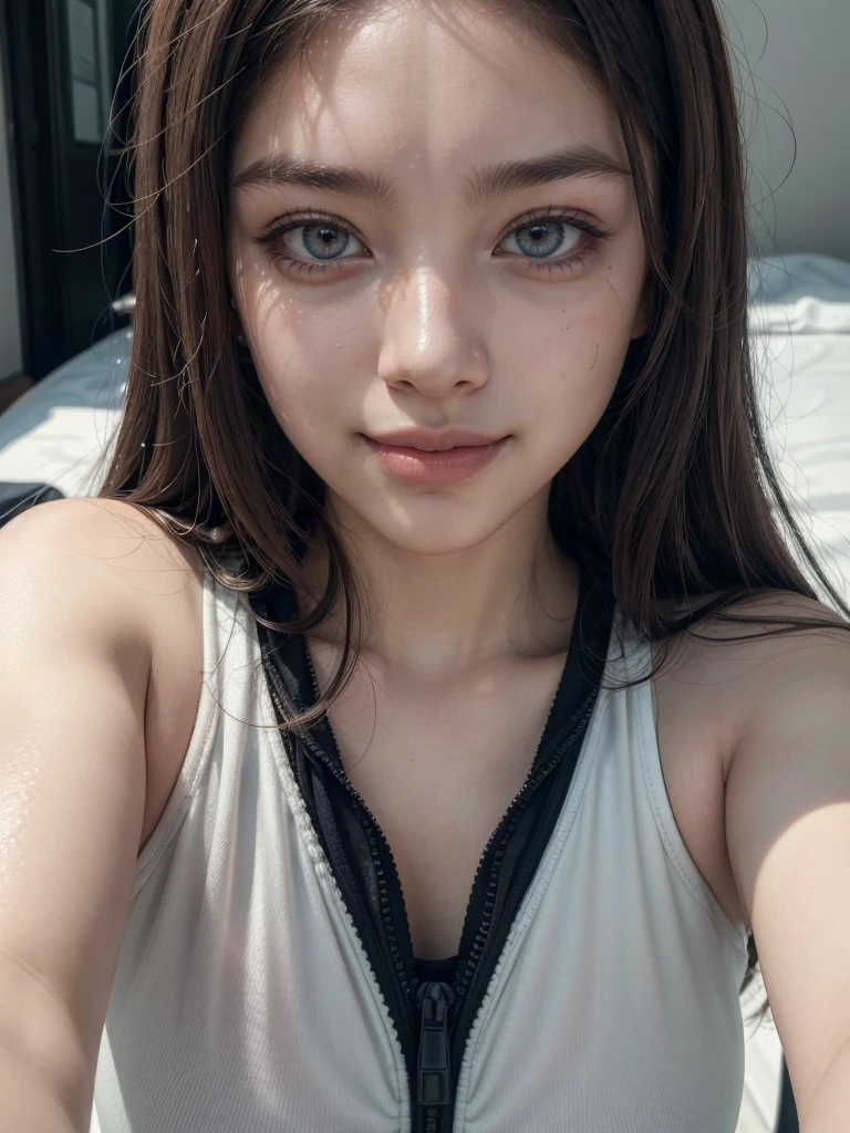 seductive smile, dilated pupils, makeup, depth of field, masterpiece, super detail, high quality, highres, selfie, womam, sport outfit