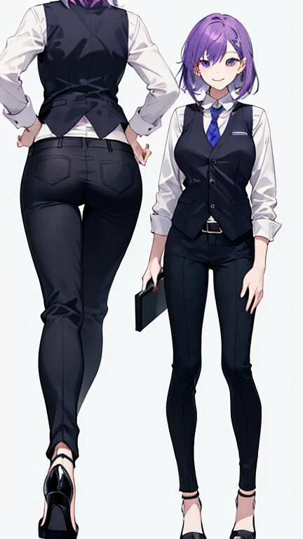 Woman with purple hair,bartender,vest,shirt,tie,slightly bigger breasts,pants,Heel,simple background,smile,whole body,full body,full body,Standing picture,vtuber,front,from front,Viewer's perspective,視線をfrontに,