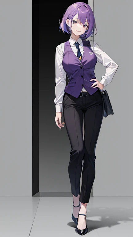 Woman with purple hair,bartender,vest,shirt,tie,slightly bigger breasts,pants,Heel,simple background,smile,whole body,full body,full body,Standing picture,vtuber,front,from front,Viewer&#39;s perspective,視線をfrontに,