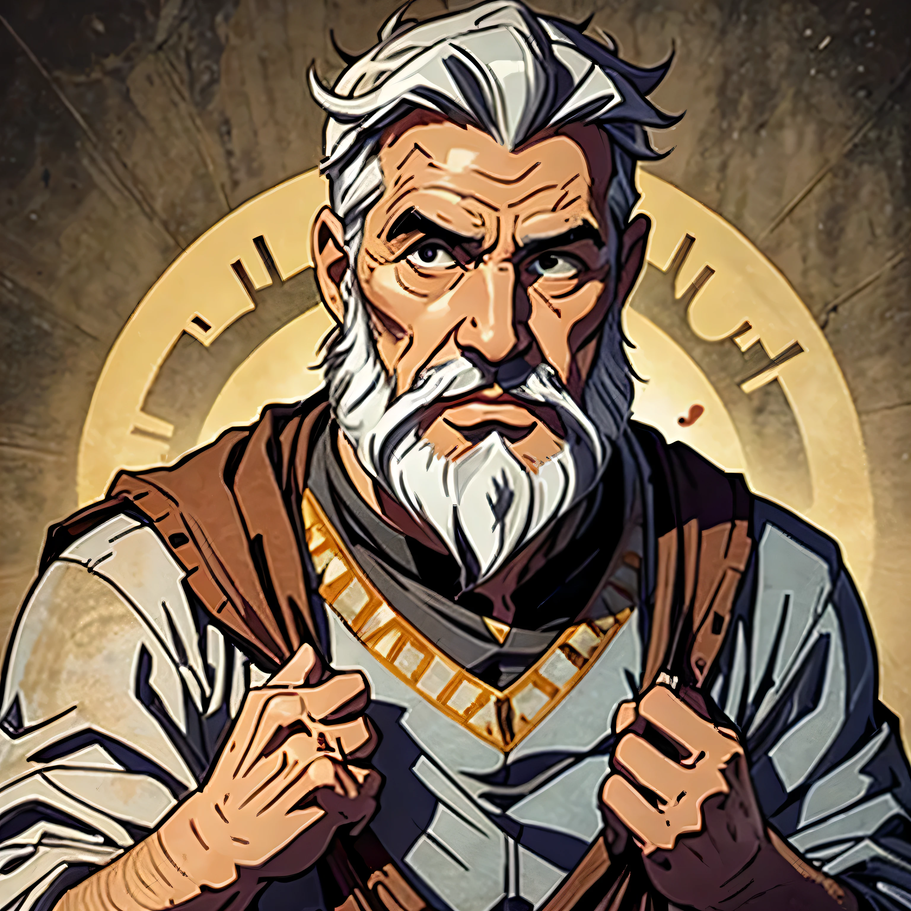best quality image, man, biblical style mayor, 60 years old, gray hair, with thick beard, round face, small forehead, expressive look, wearing biblical style animal skin clothing, with nothing in his hands, Hebrew