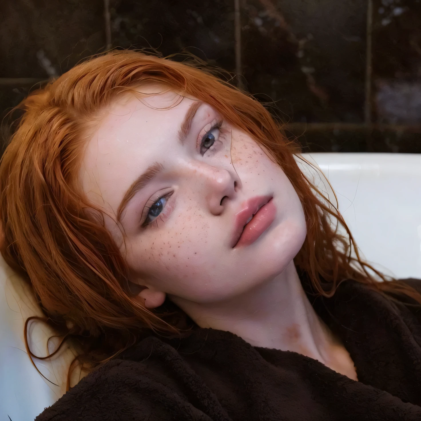There's a woman who's lying in a bathtub, lavabo sadie, ellie bamber, yelena belova, pelirrojo with freckles, hada ellie bamber, Dasha Taran, una joven pelirroja, with pale skin, pelirrojo, mujer pelirroja, anna nikonova aka new milkmaid, cabeza roja, chica pelirroja, anna nikonova