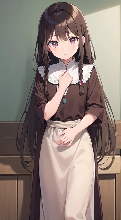 woman, Calm and patient, Long braided hair, dark brown like a deep forest, Light brown, calm and warm gaze, Supple and healthy, small wooden pendants, Simple yet traditional attire suitable for work
