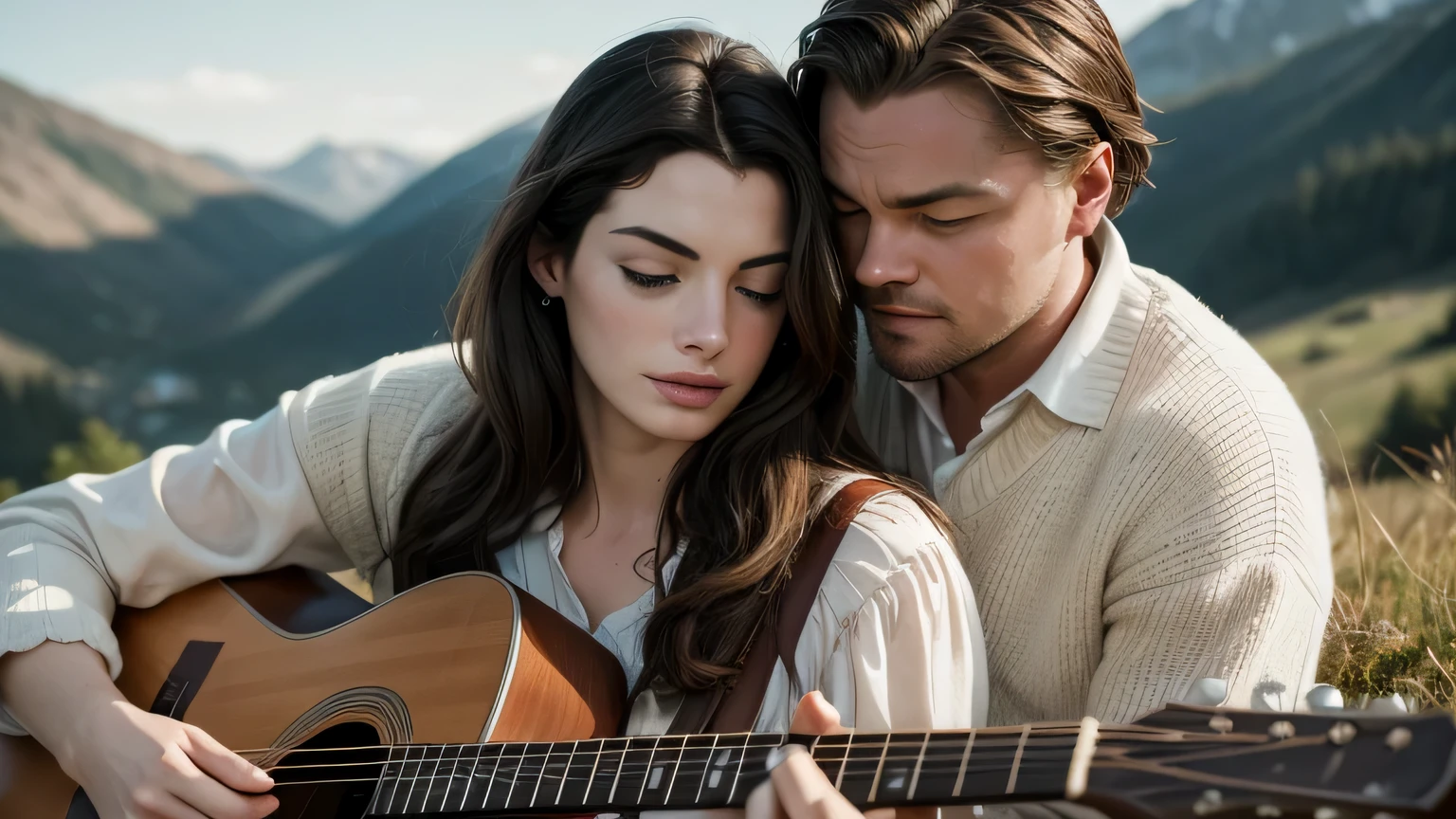 ((best quality)), ((masterpiece)),(detail), perfect face, photo of Leonardo DiCaprio playing guitar on a hillside with Anne Hathaway sitting next to him, enjoying the music, clothes 70s style, vintage colors, country background, lots of golden sunlight, romantic scene, background blur, focus on the couple, high detail, sharp focus, Cinematic lighting, perfect lighting, photorealistic, 8k, ultra high resolution, sharp faces