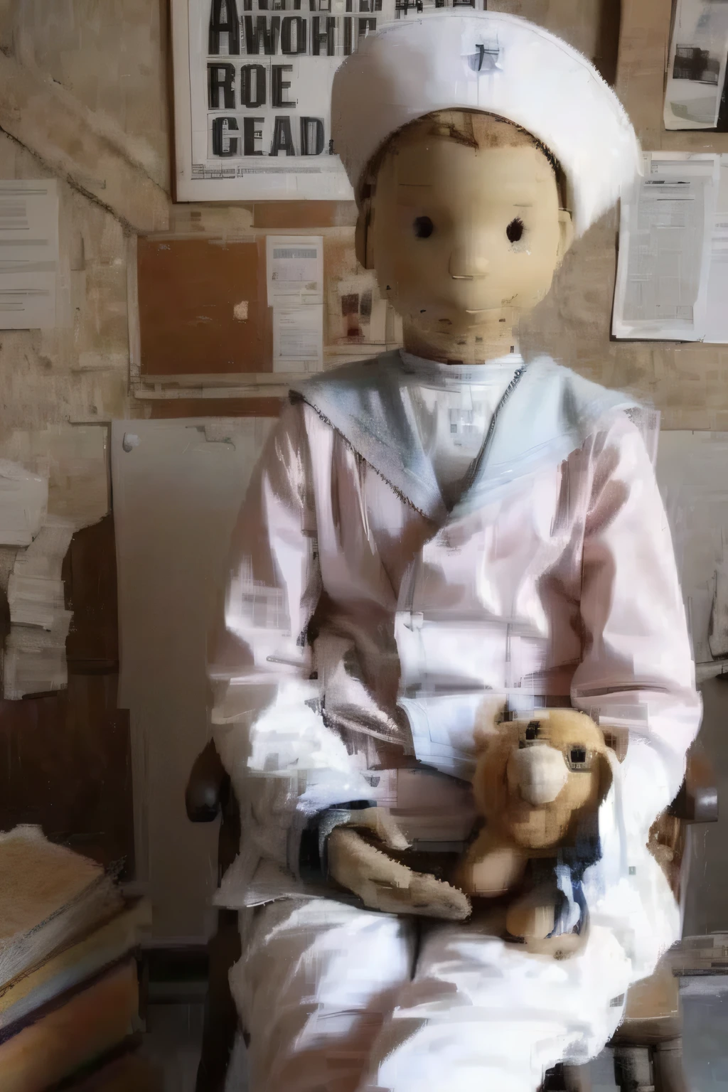 (masterpiece, highest quality:1.2),A doll is sitting on a chair with a teddy bear, statue, Written by Albert Swinden, Women Sailor Suit, sitting in a prison, Very detailed », Moderate, Mummified with bandages, 🌻🎹🎼, English, World War I Robots, Sidney Hanson, Puppet on strings, Sixty Years, doctor, deserted
