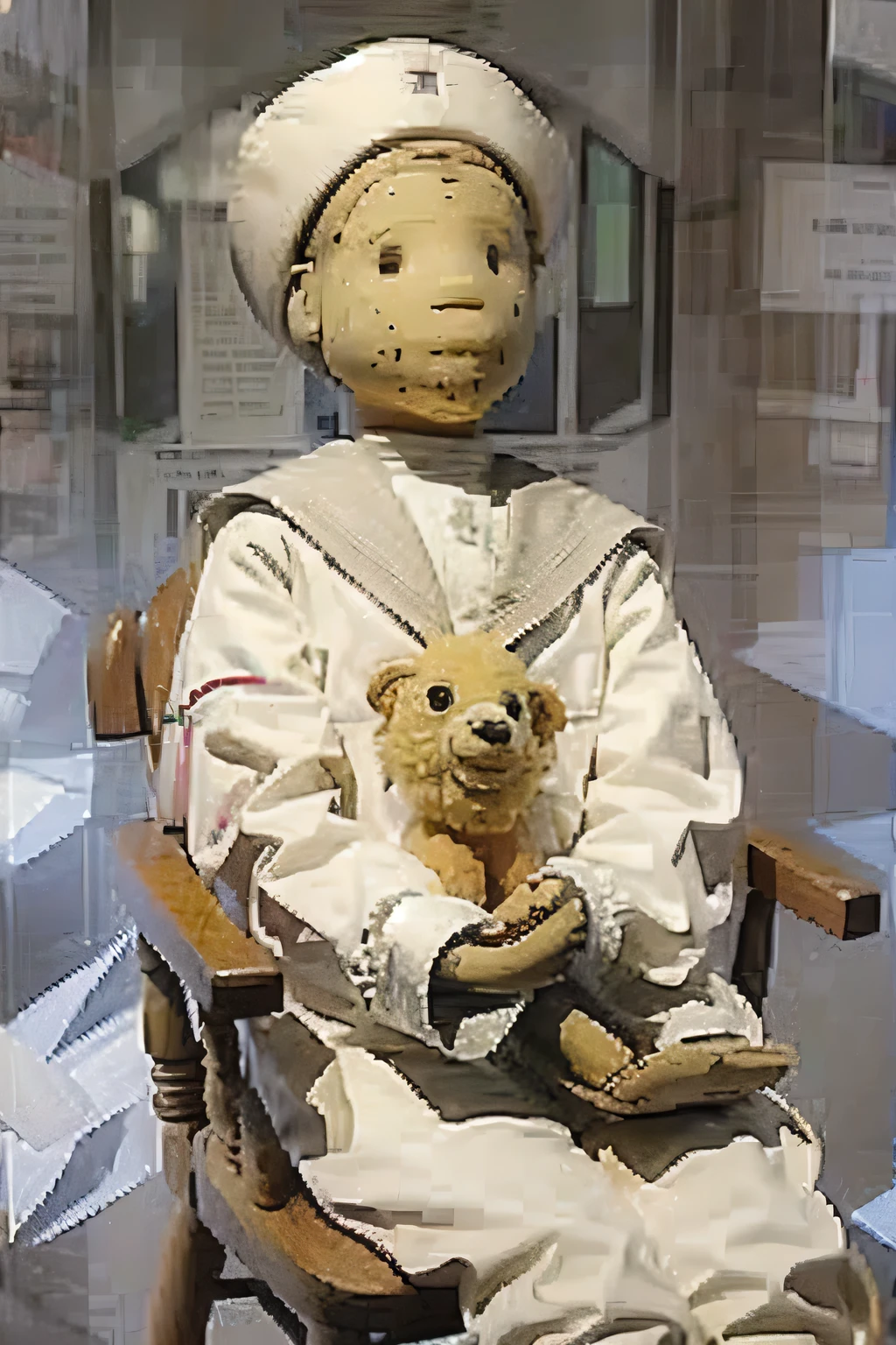 (masterpiece, highest quality:1.2),A doll is sitting on a chair with a teddy bear, statue, Written by Albert Swinden, Women Sailor Suit, sitting in a prison, Very detailed », Moderate, Mummified with bandages, 🌻🎹🎼, English, World War I Robots, Sidney Hanson, Puppet on strings, Sixty Years, doctor, deserted