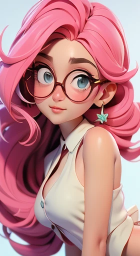 nsfw:1.4, (Melhor Qualidade, Obra-Prima), 1girl, Pose, Eyeglasses, Vento, Flor, Parte completa do Corpo, Esquema de Cores Branco e Rosa, Fundo Simples, Olhe para o Espectador