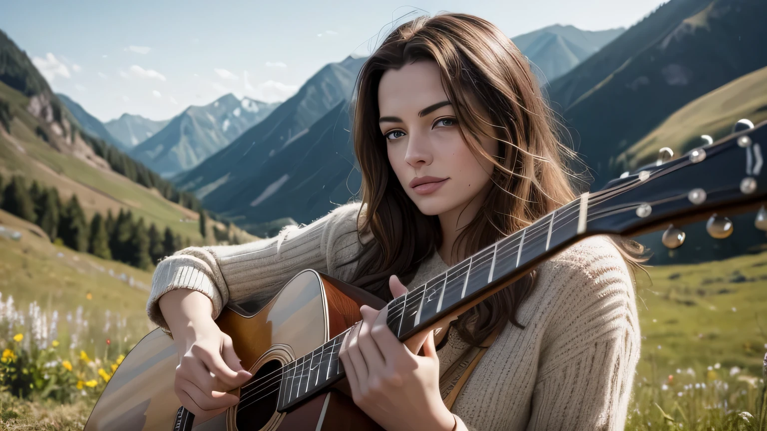 ((best quality)), ((masterpiece)),(detail), perfect face, photo of Leonardo DiCaprio playing guitar on a hillside with Anne Hathaway sitting next to him, enjoying the music, clothes 70s style, vintage colors, country background, lots of golden sunlight, romantic scene, background blur, focus on the couple, high detail, sharp focus, Cinematic lighting, perfect lighting, photorealistic, 8k, ultra high resolution, sharp faces