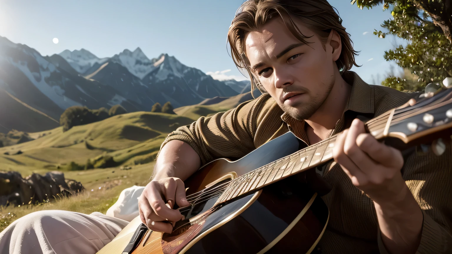 ((best quality)), ((masterpiece)),(detail), perfect face, photo of Leonardo DiCaprio playing guitar on a hillside with Anne Hathaway sitting next to him, enjoying the music, clothes 70s style, vintage colors, country background, lots of golden sunlight, romantic scene, background blur, focus on the couple, high detail, sharp focus, Cinematic lighting, perfect lighting, photorealistic, 8k, ultra high resolution, sharp faces