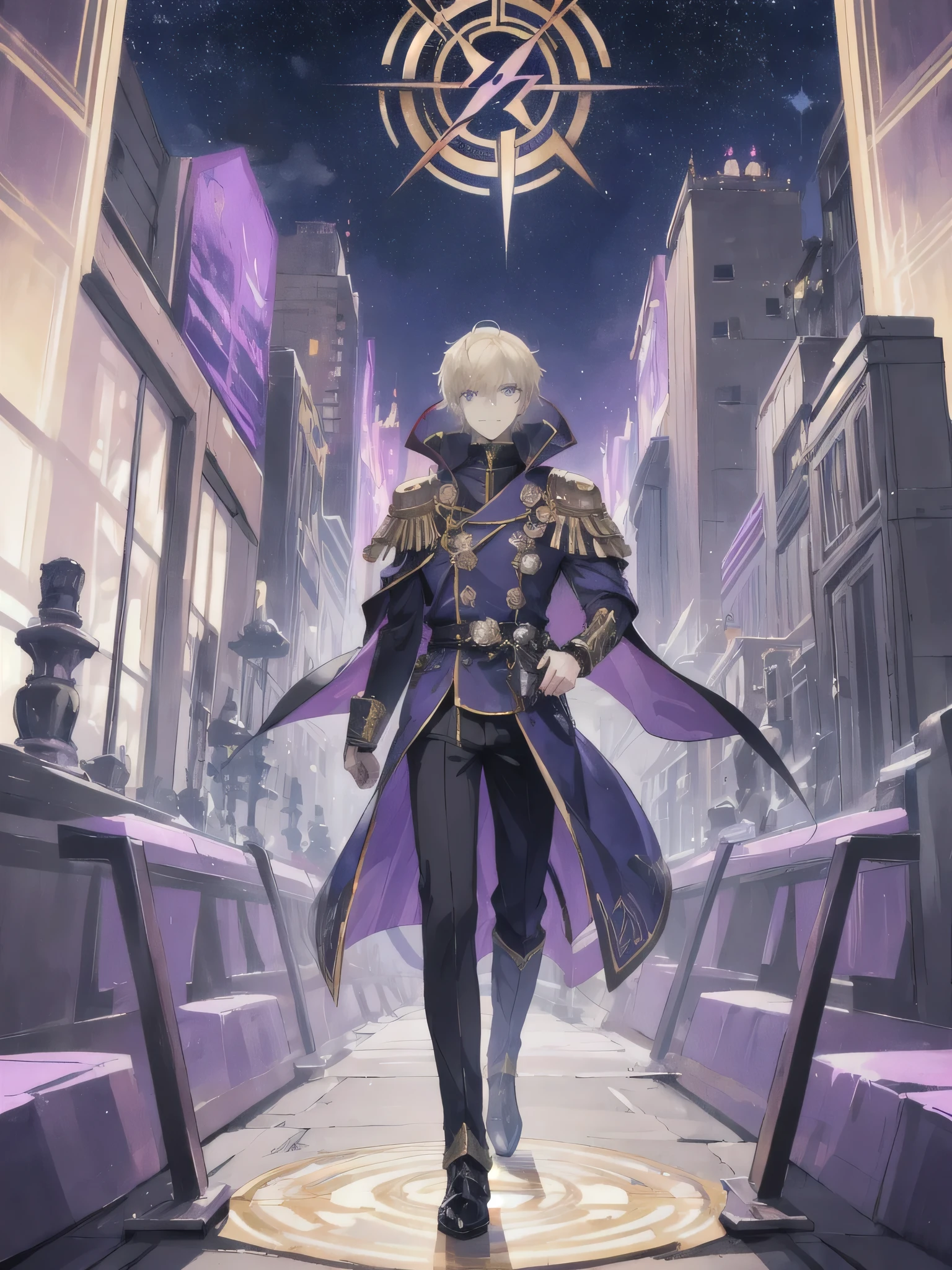 anime - style, (masterpiece:1.2, best quality:1.1), HD, best illustration, intricate details, 8K, anime - style, Masterpiece, best quality, wallpaper, standing on the bridge of a spaceship, 1_man, handsome, full body, looking away at camera, smirk, blonde hair, short hair length, blue eyes, officers coat, black gloves, lightning, energy, glowing eyes, purple robes, gold trim, Warhammer 40k, Detailed Face, Detailed Eyes, Space Wizard, Robes, Long Robes, Older Male, Man, 1man, dude, Full Body, Full Body, Boots,