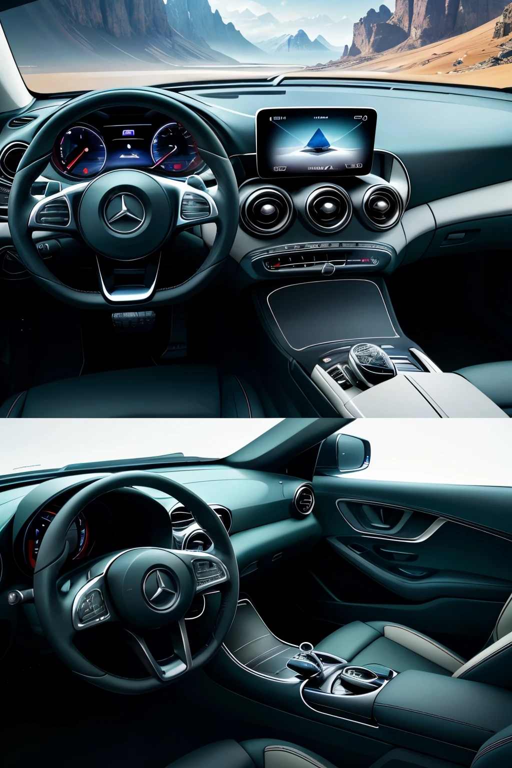 A futuristic car interior with an innovative steering wheel design, showcasing ergonomics and luxury, sits calm and serene in a beautiful mountain landscape. The steering wheel is stiff yet clear, boasting a sleek and sophisticated appearance, as if created by Mercedes for a car of the future. The picture is taken from various angles, ensuring a long and detailed perspective, capturing the calm and serene beauty of the scene without the presence of any human.