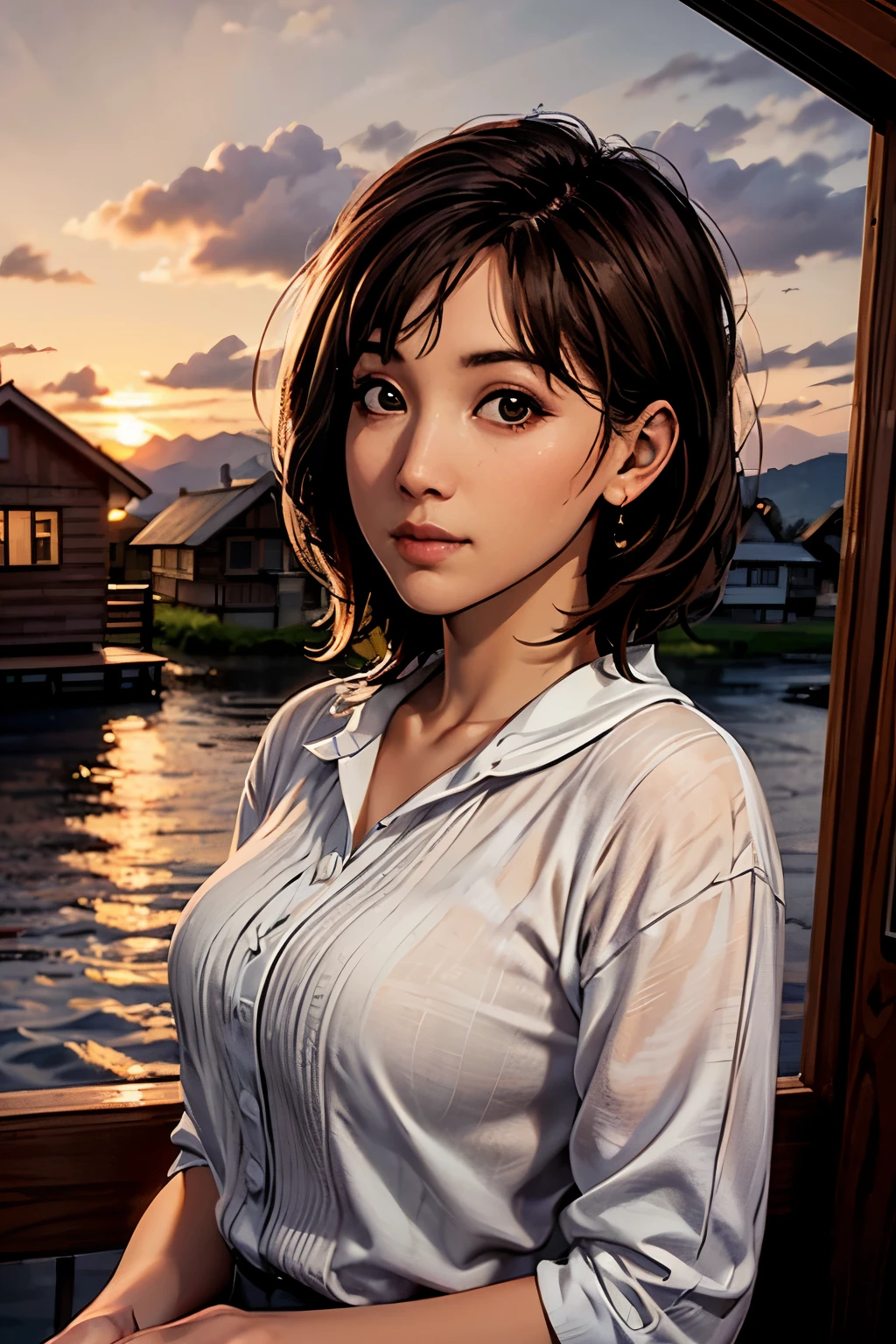 portrait of QuarryKaitlyn, looking at the audience, sunset, wooden cabin on the background.