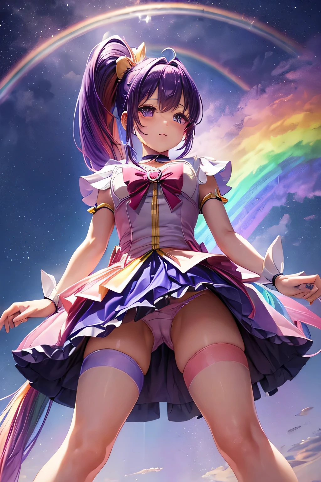 (((Panty shot)))、mini skirt、(((Rainbow Magical Girl Costume))、Beauty、Purple Hair Ponytail、((whole body))、(((photo taken from below)))、night sky