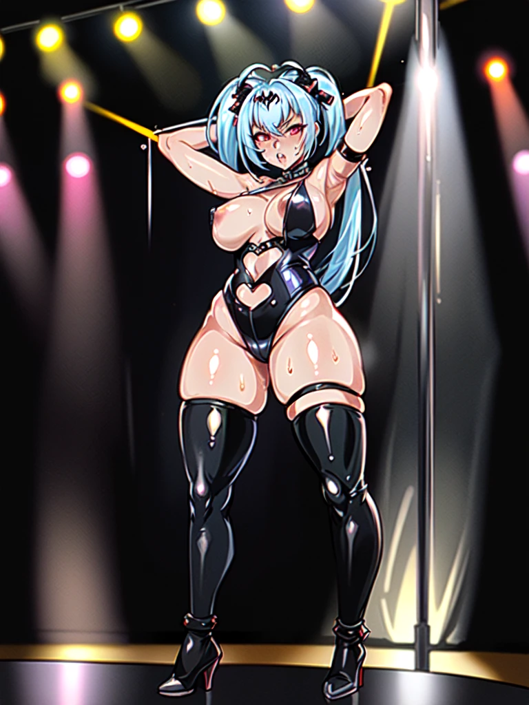 (masterpiece), (best quality),1girl,solo,3D,volumetric lighting,(alice_(queen's_gate)),(dark skin),red eyes,thighhighs,twintails,long hair,hair ornament,blue hair huge ass,(spread legs wide:1),(arms behind head:1), indoor,full body view,slim waist,oiled skin, shiny skin, reflective skin,(strip_club_venue:1.6, stripper pole in foreground, female strippers in the background, UndergroundClub, moody background, dark background, spotlights on ceiling, on stage, stage curtains in background, race queen), sweating, glistening sweat,