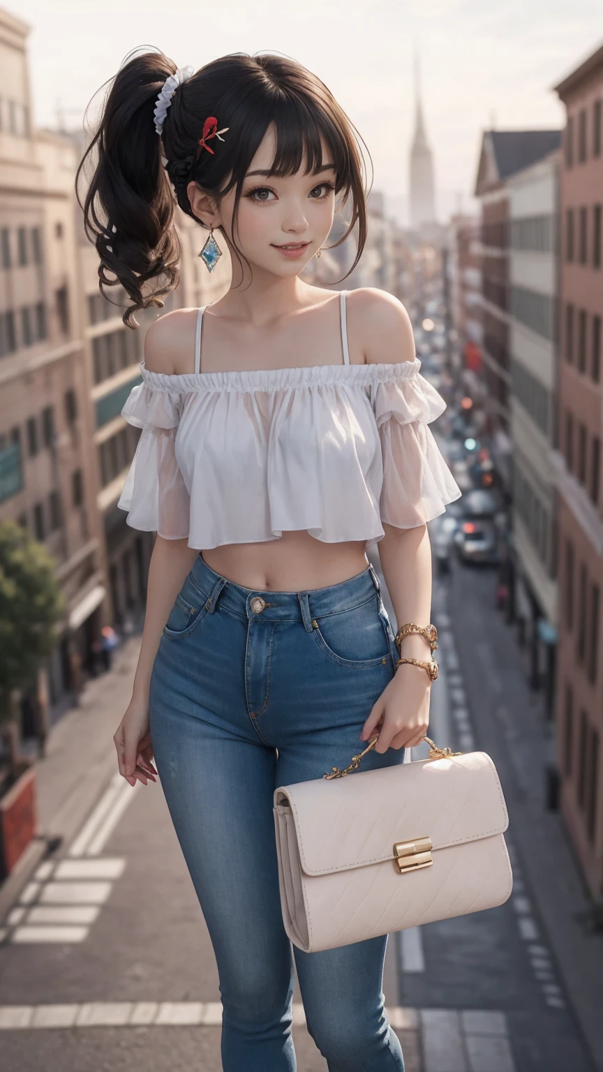 最high quality, 8K, masterpiece: 1.3, Ultra HD, high quality, 最high quality, High resolution, realism)) 、25 year old white woman、brunette、blue eyes、long hair、smile、slender、slenderだがアスリートのような細マッチョ、I don&#39;t want my head to disappear from the screen.、Wear accessories on your wrist、Wearing red nail polish、I have a peticure、aerial perspective((atmospheric perspective))、smile((smiley))、background blur((depth of field)、Wear a sheer, one-shoulder top、Wear low rise skinny jeans、Wear stiletto heels、have a clutch bag、City center background、crystal earrings((crystal earrings))、Braided ponytail((braided ponytail))、Bangs at the parting((parted bangs))、Barrette((hairclip))Put on