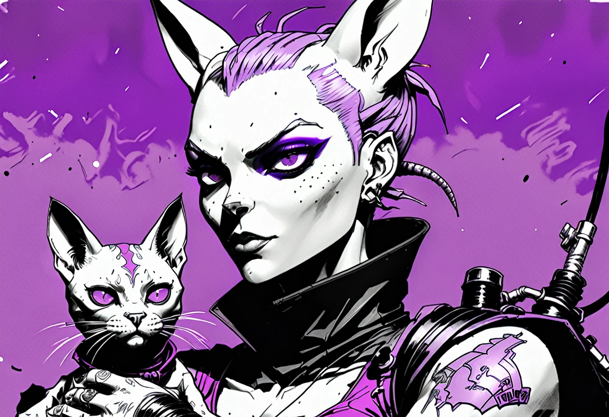 black and white, shades of gray expressive ink lines, ink line drawing, hand drawn, cel shading, anime style, Tank Girl (Australian outlaw, punk, Jamie Hewlett style reference), petting the hairless cat beerus in her lap (Dragon Ball Z purple cat), cel shading, rich color grading, depth, hyper maximal, strange, intense, nuanced, precise, bold harsh ink art style,