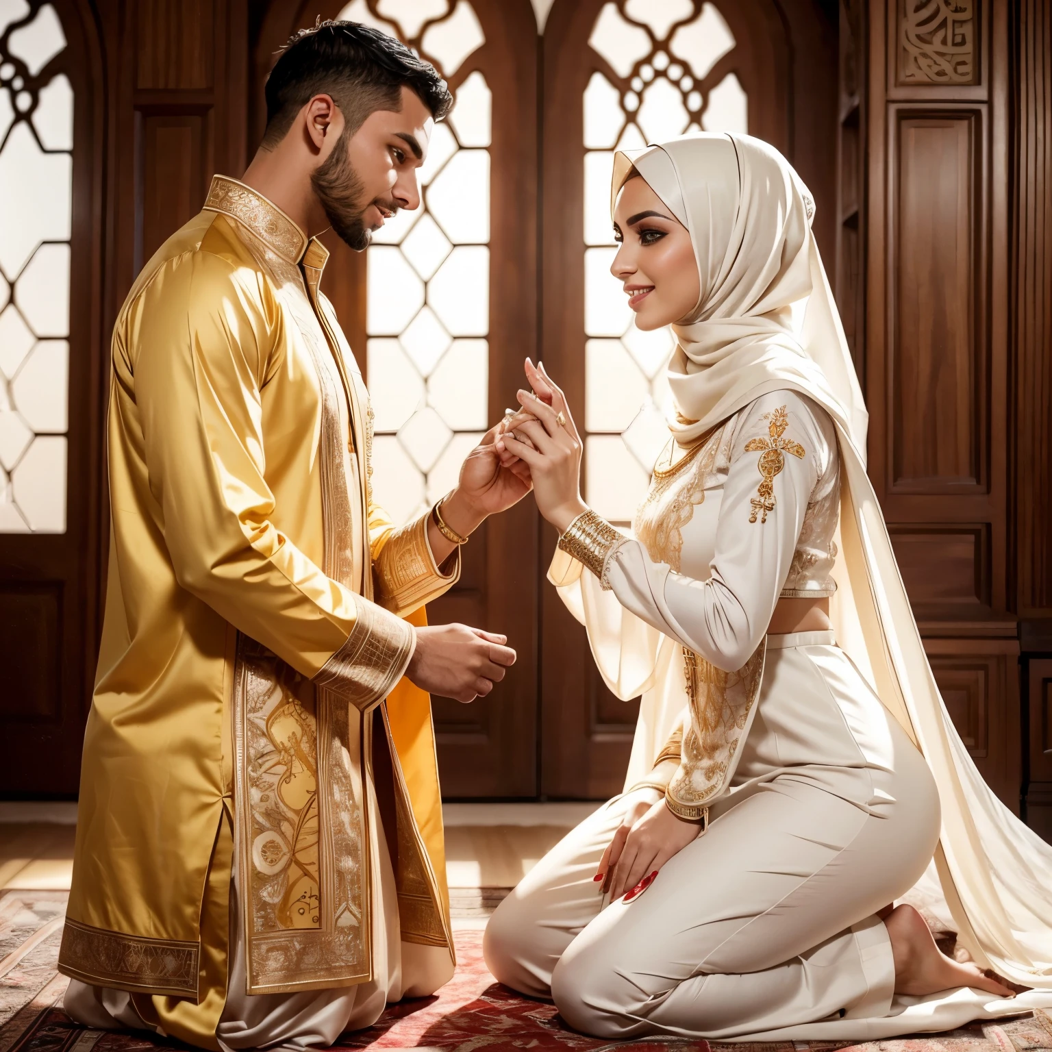 RAW, Best quality, high resolution, Masterpiece: 1.4), Two beautiful individuals, one male and one female, dressed in Islamic attire (thobes and hijabs), celebrating Eid Mubarak against a radiant and delicious feast background, Apology hands extended in a heartfelt gesture, Realistic and intricately detailed, 1.8,Two individuals in harmony, Gentle smiles exchanged, Charming eyes bright with happiness,Detailed faces with expressive features,Flawless and vibrant traditional clothing, Particularly breathtaking,Luminous hand gestures of apology, Ivory and saffron outfits gleaming in the joyous