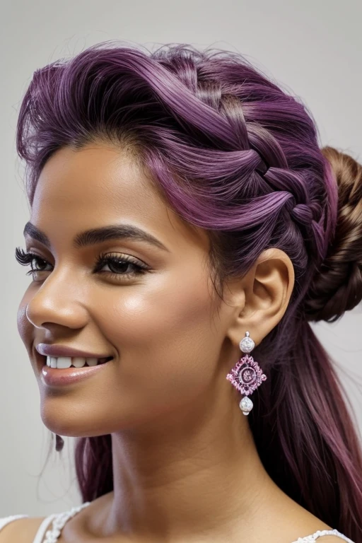 obra de arte, Melhor qualidade, olhando para o espectador, profundidade de campo, standing, 1 garota, curar majestade, cabelo roxo, dois lados para cima, hair ornament, luvas de cotovelo, coxas babadas, Sorriso, ((fundo gradiente)), reflexo de lente,