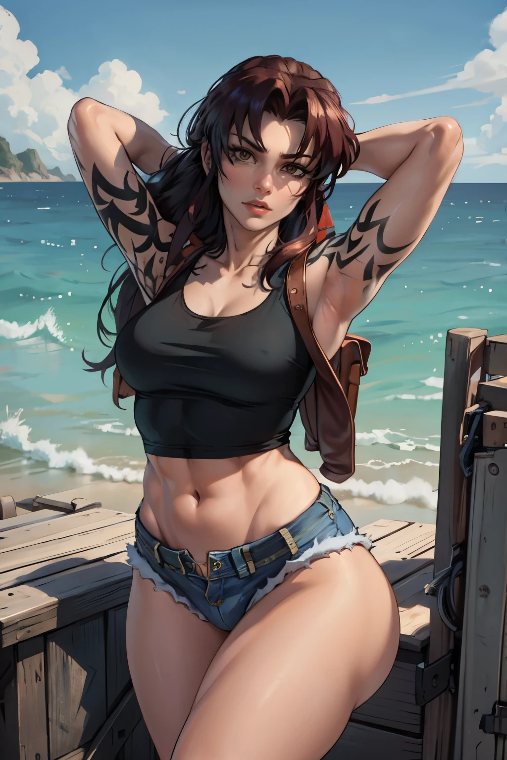 digital art, Revy, masterpiece, best quality, sexy pose, at small modern boat, denim shorts, black tank top, panties