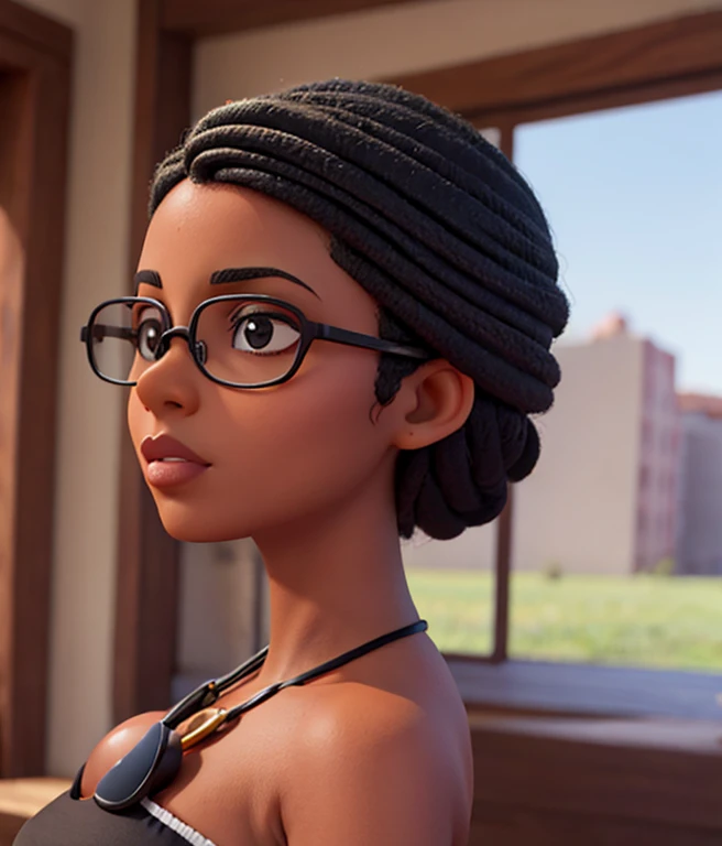 mulher negra, rosto oval usa oculos quadrado e temcabelo cacheado