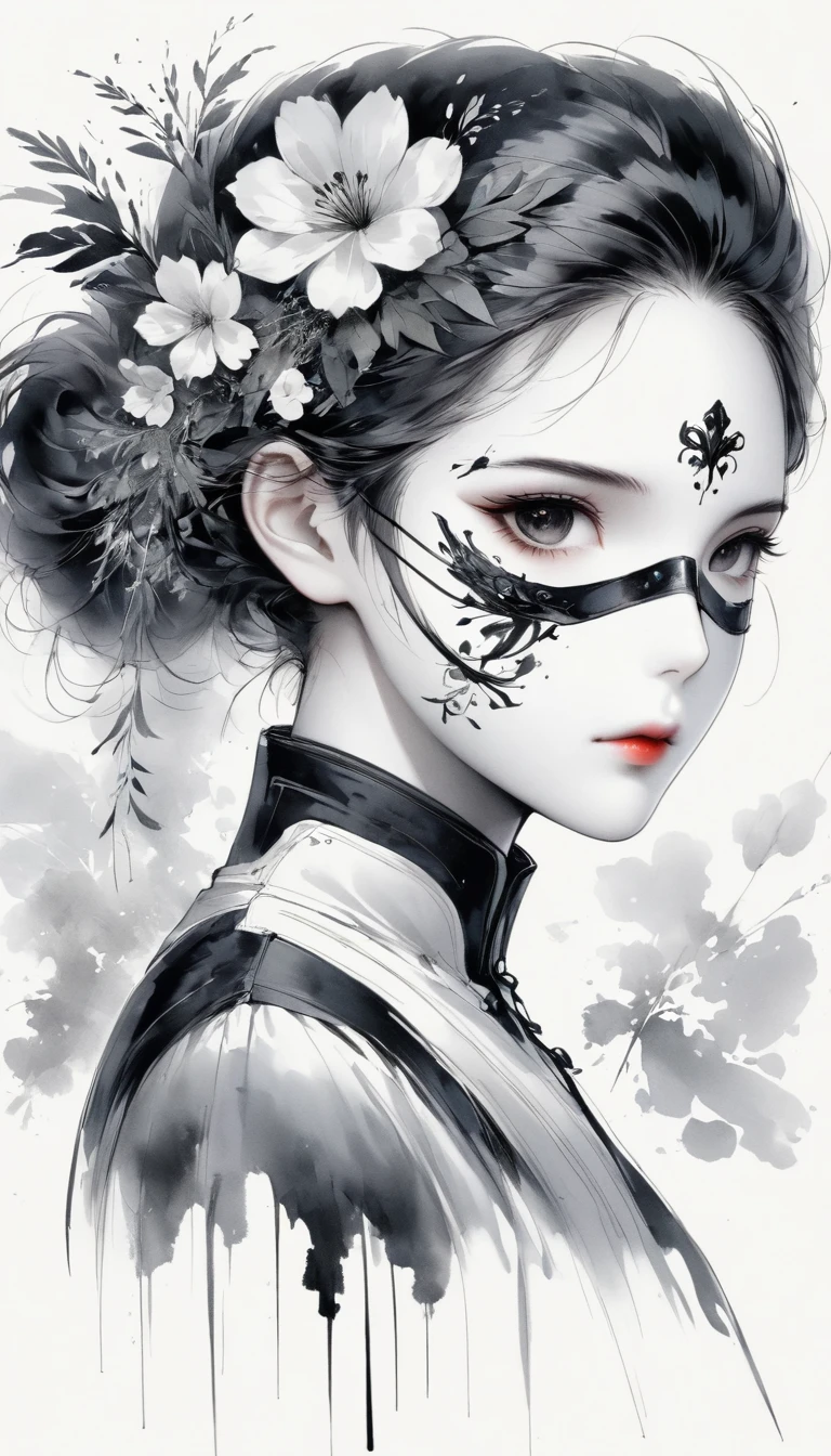 (Anime line drawing:1.5),(black and white painting:1.45),Minimalism,line art,sketch,Charcoal drawing,mask,flower