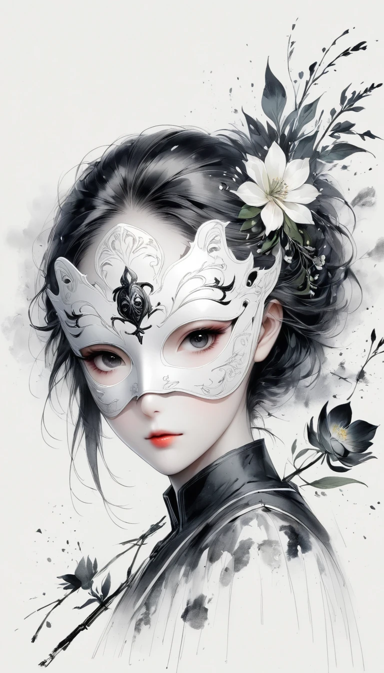 (Anime line drawing:1.5)，(black and white painting:1.45)，Minimalism，line art，sketch，Charcoal drawing，mask，flower