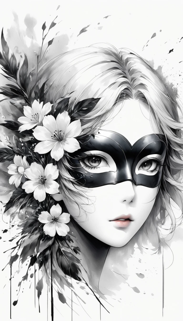 (Anime line drawing:1.5),(black and white painting:1.45),Minimalism,line art,sketch,Charcoal drawing,mask,flower