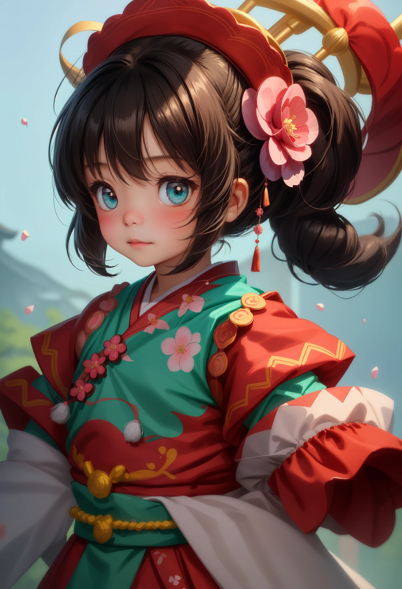 A cute little 6 year old girl, looks like Chen Zhiyan（cocoa）, blush blush, gongbi painting, Meaty cheeks, Wearing traditional Yi costumes, Simple vector art, Low double ponytail, hair flower, Ryukaku, aqua eyes, faint smile, role conception, 洛cocoa风格, anime style, modern Art, Minimalism, 16K, high detail