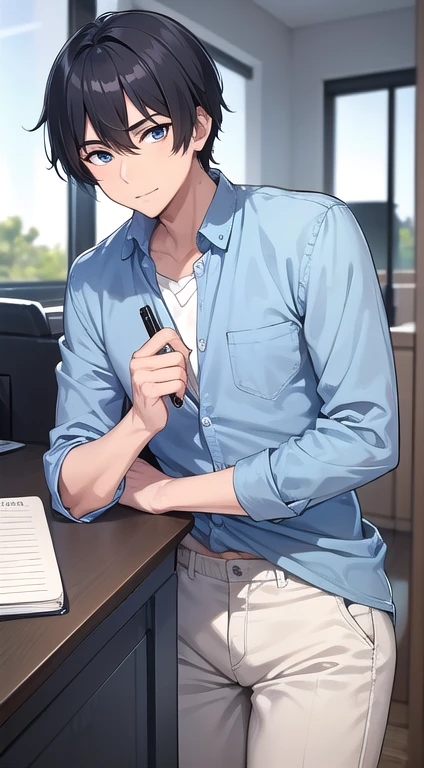 male, Positive and sincere, short black hair, A clear blue, passionate gaze, A healthy body type who likes to exercise, Notebooks and pens made from eco-friendly materials, Casual yet elegant style