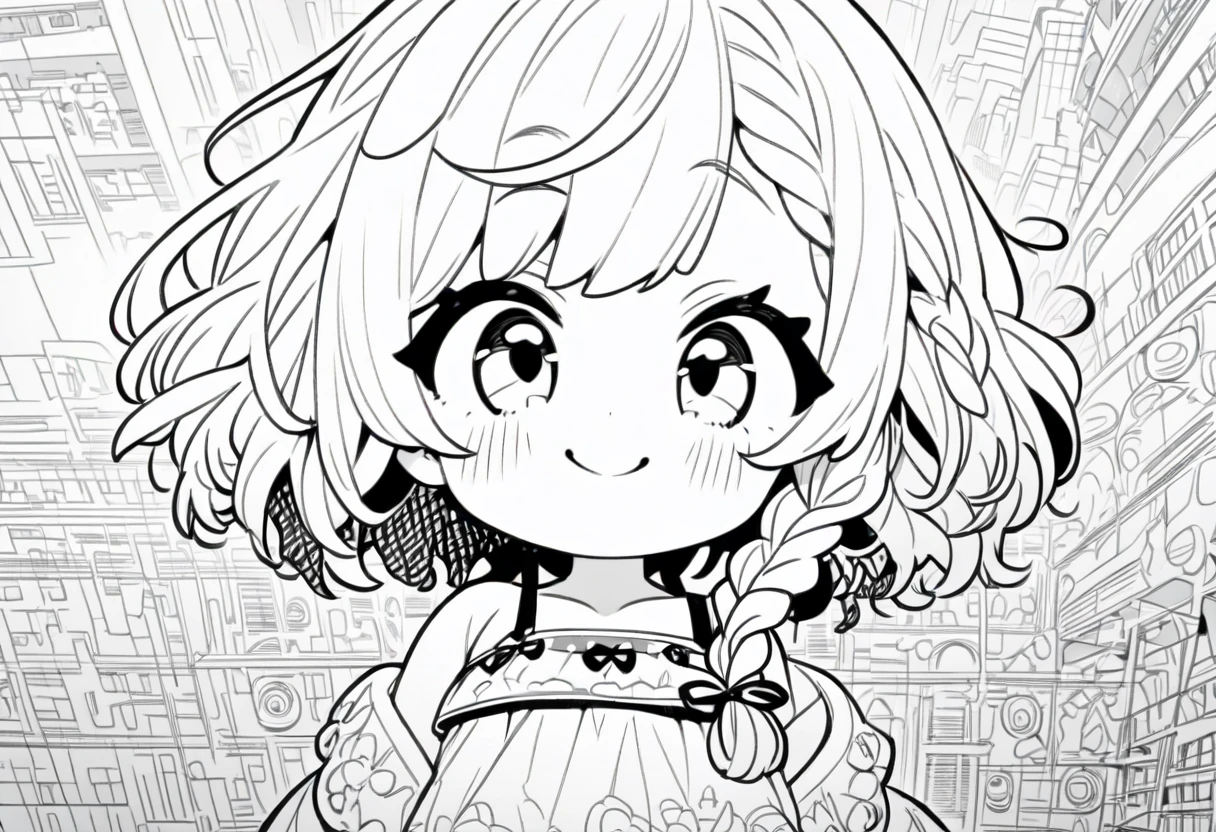 (line art:2.0),(monochrome:2.0),(white and black),#quality(8k,wallpaper of extremely detailed CG unit, masterpiece,hight resolution,top-quality,top-quality real texture skin,hyper realisitic,increase the resolution,RAW photos,best qualtiy,highly detailed,the wallpaper),solo,#1 girl(cute, kawaii,small kid,swim wear,big breast,plait hair,messy hair,big eyes,full body,smirk,from above,full body),#background(at chinese town),from above,no color used at all
