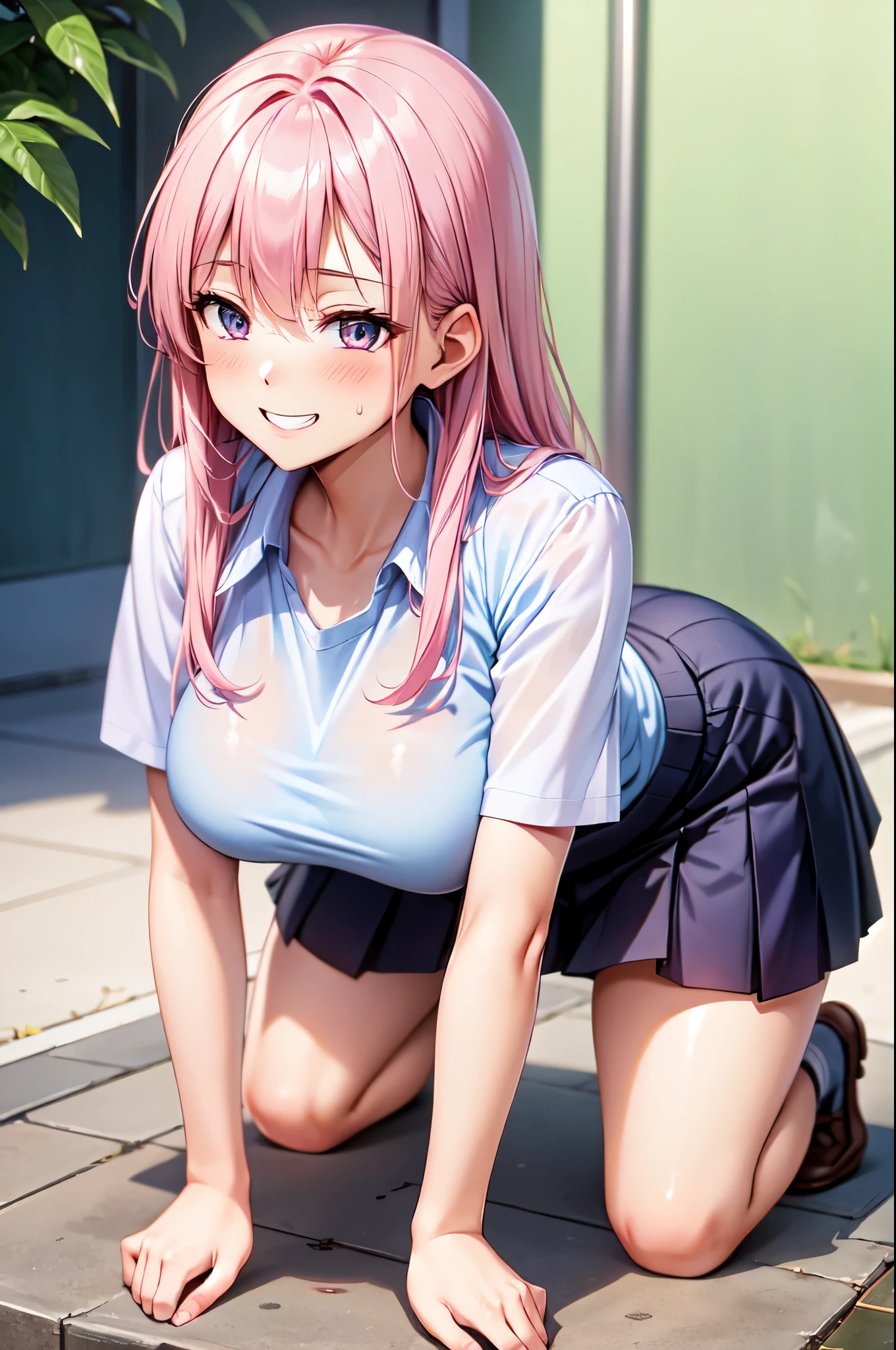 (High quality, High resolution, Fine details), on all fours, school shirt, pleated skirt, solo, curvy women, pink hair, sparkling eyes, (Detailed eyes:1.2), grin, blush, Sweat, Oily skin, Soft tones, shallow depth of field