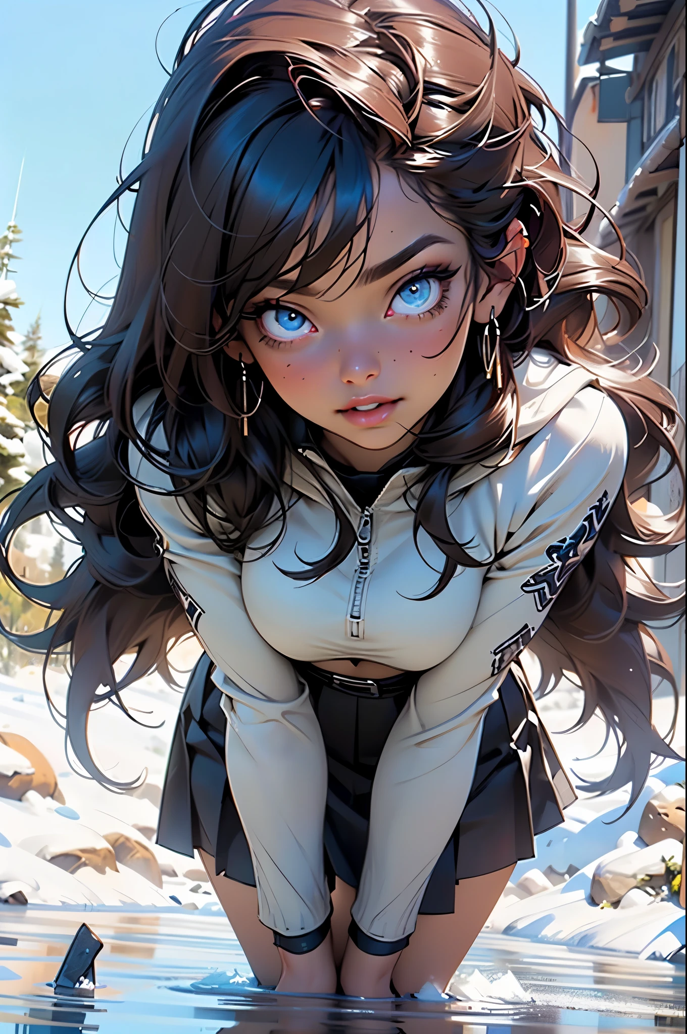 1girl,Goddess Of Storms,
(large breasts:1.4),((((brown hair,hair between eyes,swept bangs)))),(((blue_eyes:1.3))),intricate eyes,beautiful detailed eyes,symmetrical eyes,((((dark-skinned female,dark skin,lustrous skin:1.5,tanned skin,bright skin: 1.5,skin tanned,shiny skin,very shiny skin,shiny body,Reflective skin)))),(spider lower abdomen,narrow waist,wide hip,athletic body,inflated legs,thick thighs,(detailed face)),beautiful detailed lips,bimbo girl,wide hips, thick thighs, bursting breasts,
cute,slutty,sensual,seductive look,seductive,((erotic)),((nsfw)),sexy,
(traditional red Eskimo clothing with long skirt with side slits, parka with hood,dark red skirt,fur-trimmed skirt ,fur trim,overskirt,skirt),
(dynamic pose:1.3), looking at viewer,serius,centered,scale to fit dimensions,Rule of thirds,
((icebergs)),winter,scenery:1.25,((intricate scenery)),((icebergs in background)),snow everywhere,extremely scenery,(puddles everywhere),clouds,(sunset, golden hour),
(Glossy barbarian ornaments),highres,sharp focus,(ultra detailed,extremely detailed),(photorealistic artwork:1.37),(extremely detailed CG unity 8k wallpaper),(((vibrant colors,vibrant theme))),(intricate),(masterpiece),(best quality),artistic photography,(photography taken by sldr),(intricate background),perfect rendered face,perfect face details,realistic face,photo realistic,((intricate detail)),(((realism))),