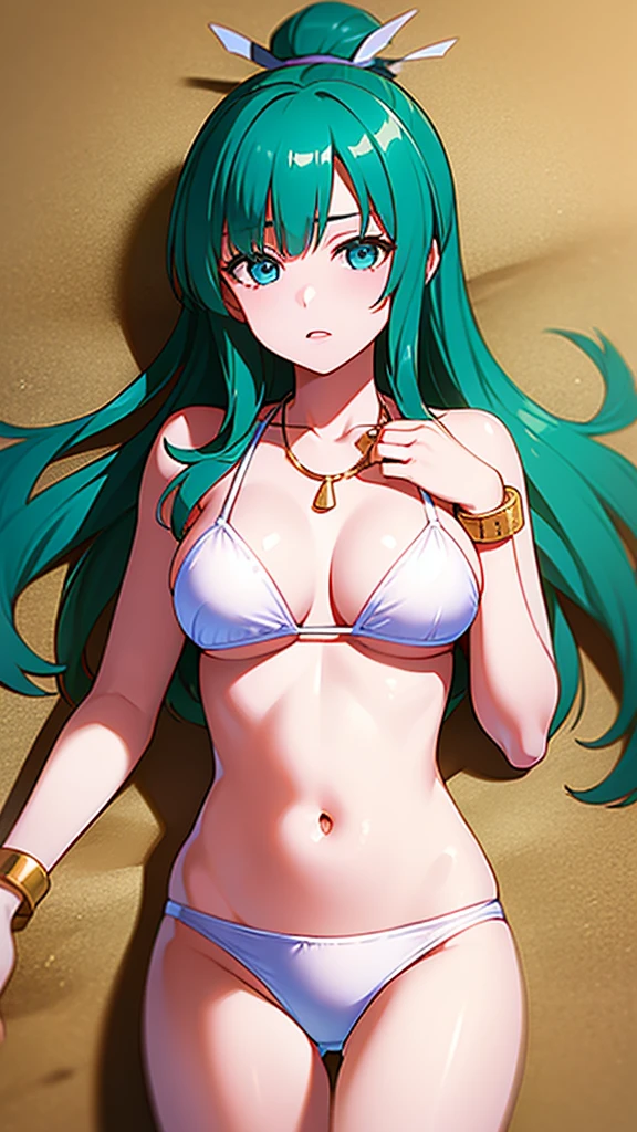 masterpiece, best quality, 1 solo girl, blue hair, blue eyes, long hair, medium breasts, sexy body and face, wavy hair, white bikini, jewelry, bracelet, necklace, summer, beach, lying at the sand, sexy pose, cowboy shots, detailed body, face, and eyes, sharp focus, vibrant, creative, dynamic, high definition, high resolution, 8k, (Upscale: R-ESRGAN 4x+ Anime6mage enchance:4x), voluptuous body, cinema lightning, dakimakura style