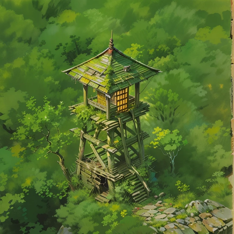 Hand painted illustration with marked strokes, de una torre de vigilancia hecha de madera y palo, con techo de paja seca, abandoned in the mountains, isometric, vista aerea, close up,