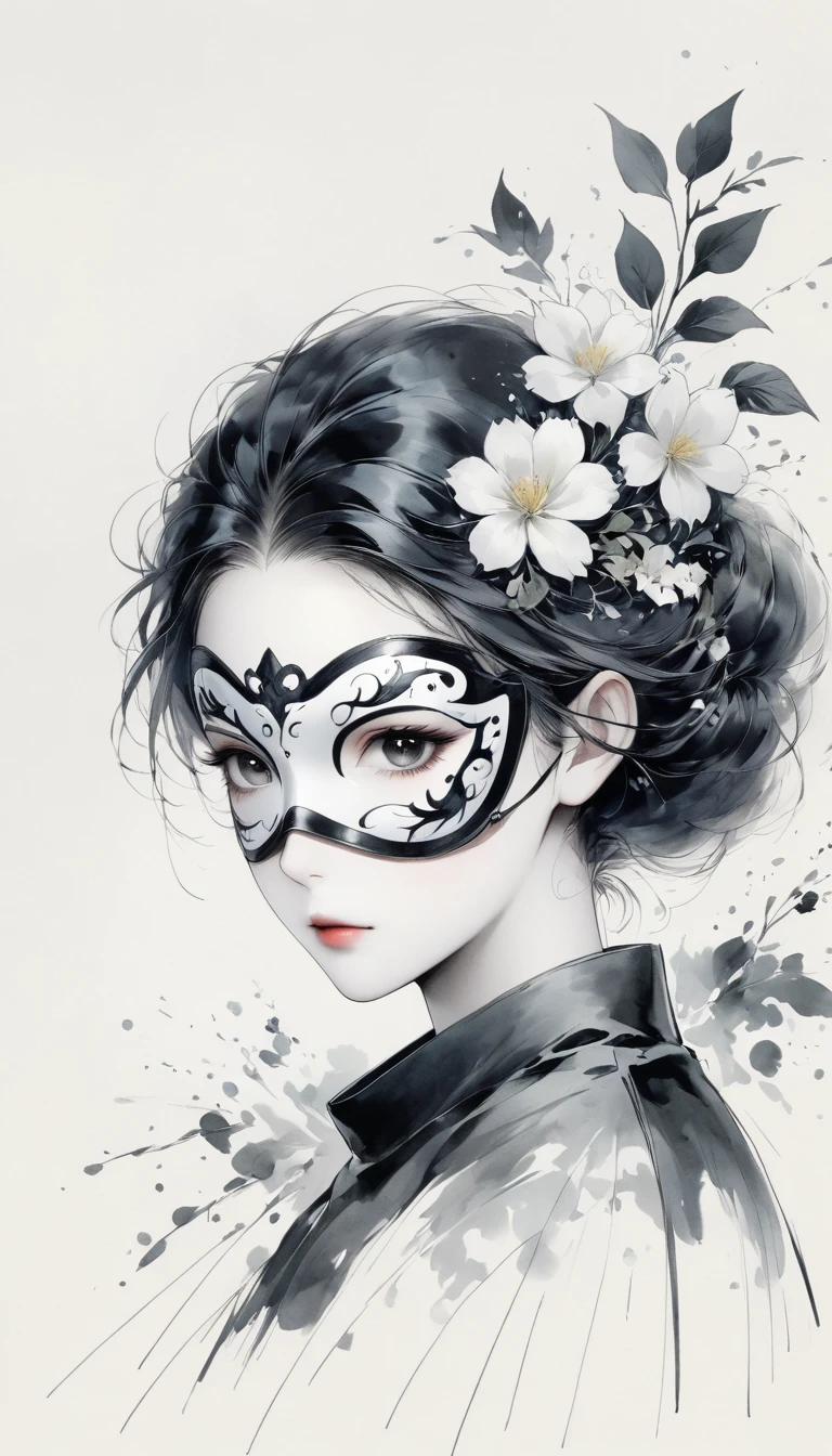 (Anime line drawing:1.5),(black and white painting:1.45),Minimalism,line art,sketch,Charcoal drawing,mask,flower