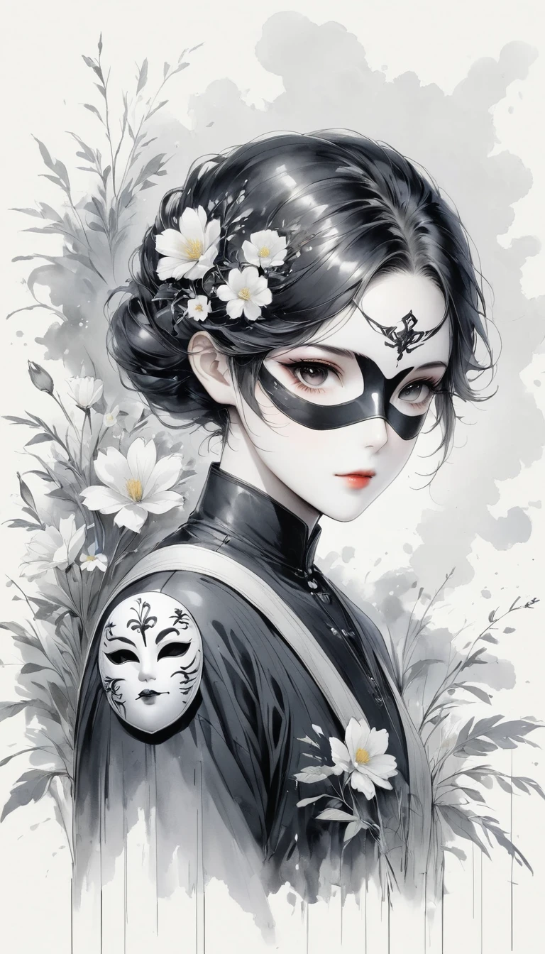 (Anime line drawing:1.5)，(black and white painting:1.45)，Minimalism，line art，sketch，Charcoal drawing，mask，flower