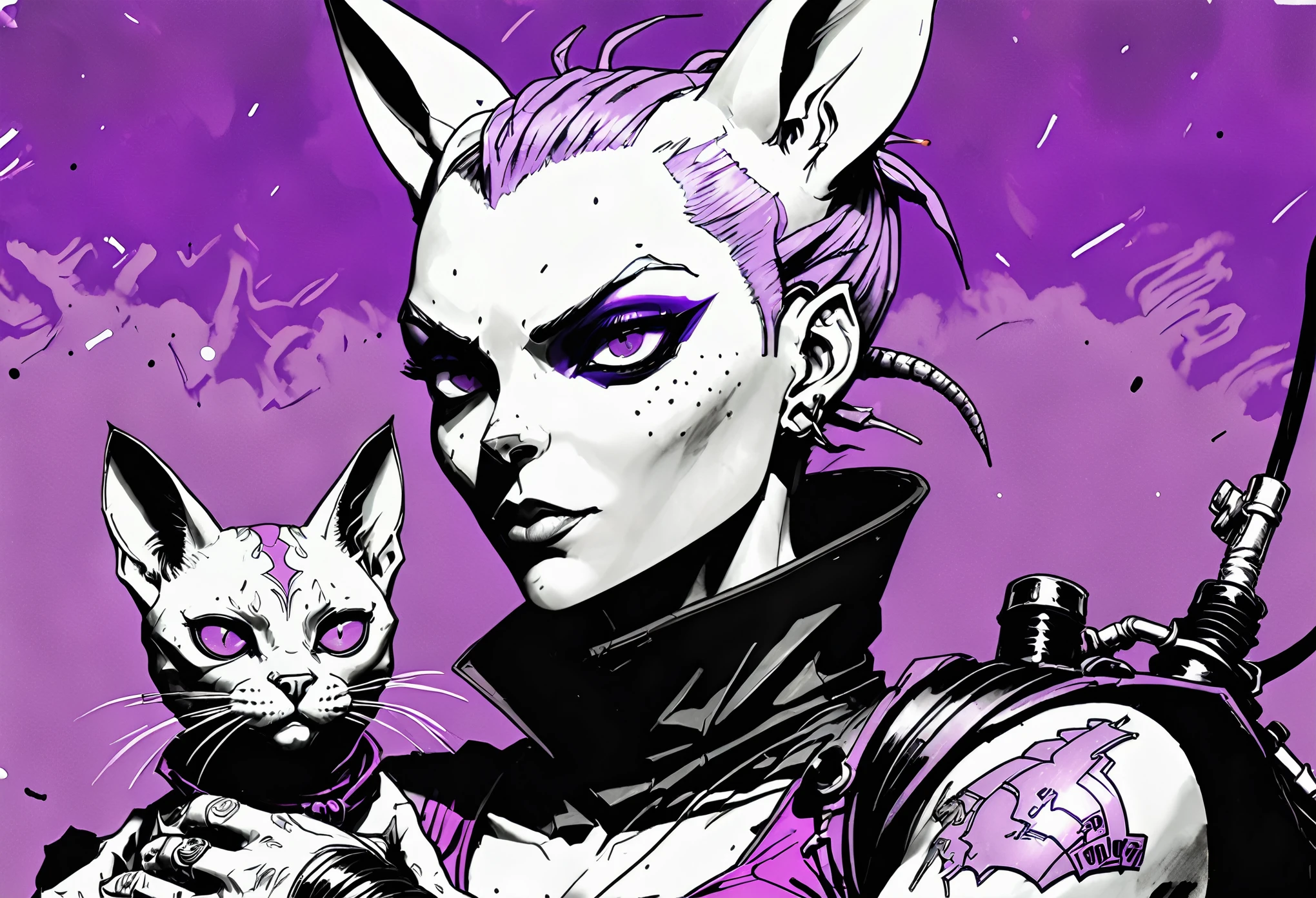 black and white, shades of gray expressive ink lines, ink line drawing, hand drawn, cel shading, anime style, Tank Girl (Australian outlaw, punk, Jamie Hewlett style reference), petting the hairless cat beerus in her lap (Dragon Ball Z purple cat), cel shading, rich color grading, depth, hyper maximal, strange, intense, nuanced, precise, bold harsh ink art style,