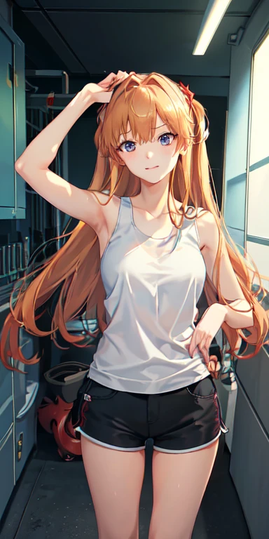 (俯瞰figure),dynamic angle,Super detailed, figure, close, straight, 1 girl, 
 ((Soryu Asuka Langley, interface headset, Tank top、shorts, blonde)),Her eyes shone like dream-like stars,(shining eyes:1.233),(beautiful and detailed eyes:1.1),(No expression,closed mouth),(Are standing), 
(Maintenance room with tools and spaceship windows inside a white spaceship),
(night:1.2),dream-like, [[delicate fingers and hands:0.55]::0.85],(finger details),Honeycomb、backwards